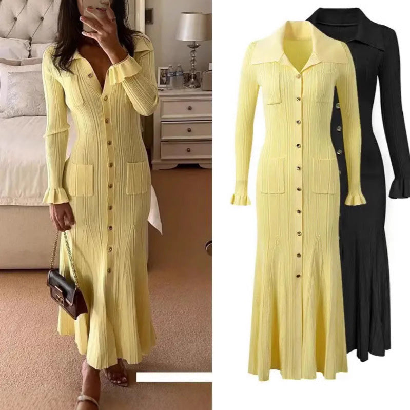 Women's and Solid Color Lapel Long Sleeve Tight Waist Large Swing Knitted Dress