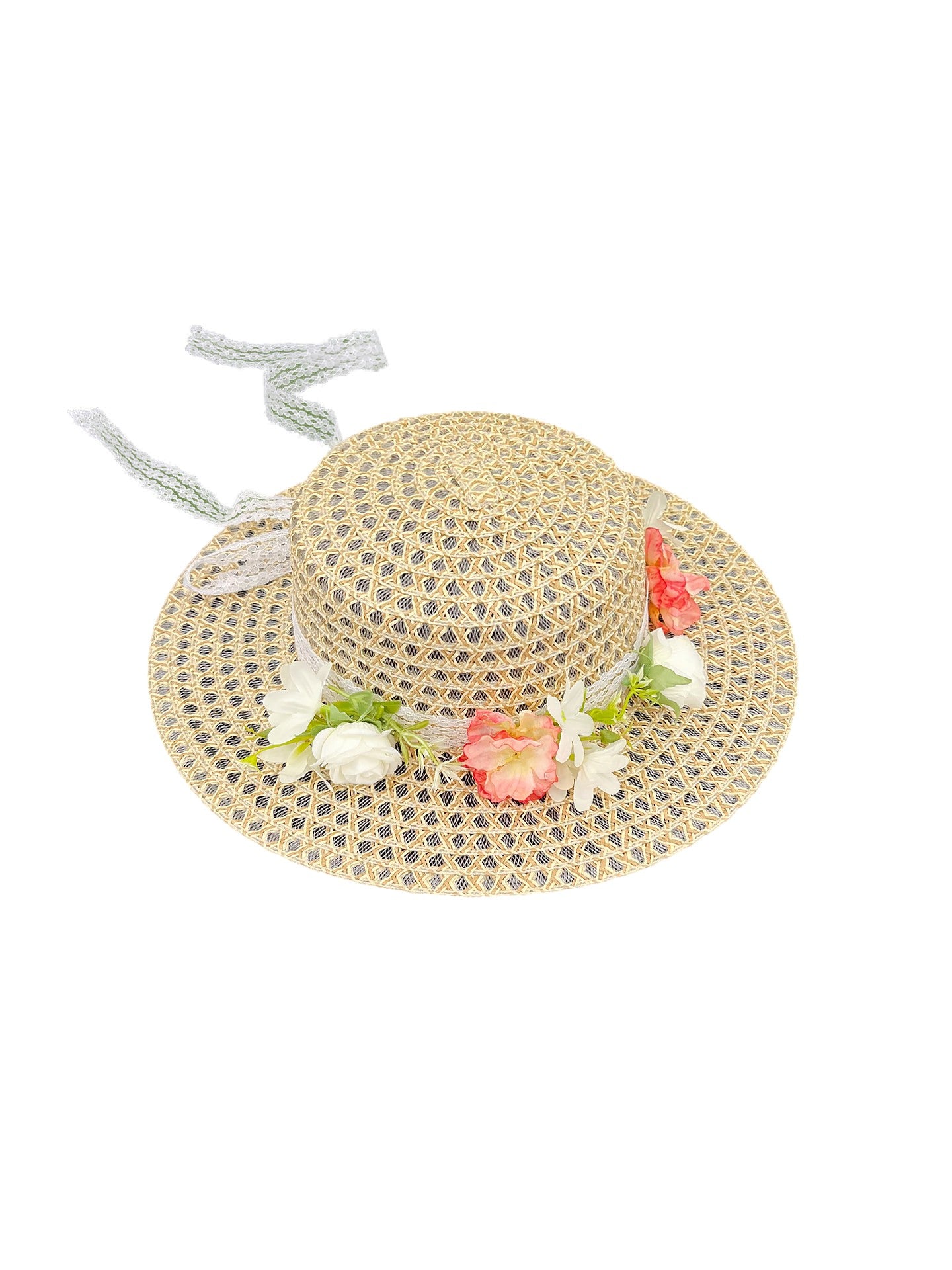 Straw Flat-Top Hat with Floral Decoration and Lace Ribbon