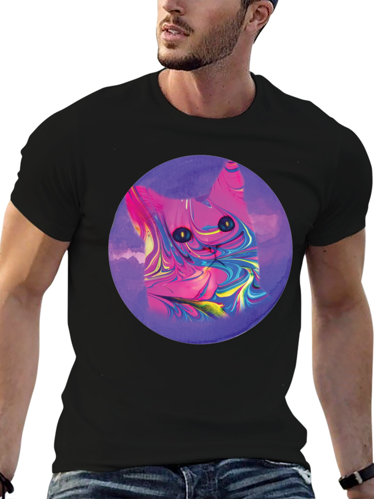 Abstract Cat Graphic Tee - Mens Black T-Shirt