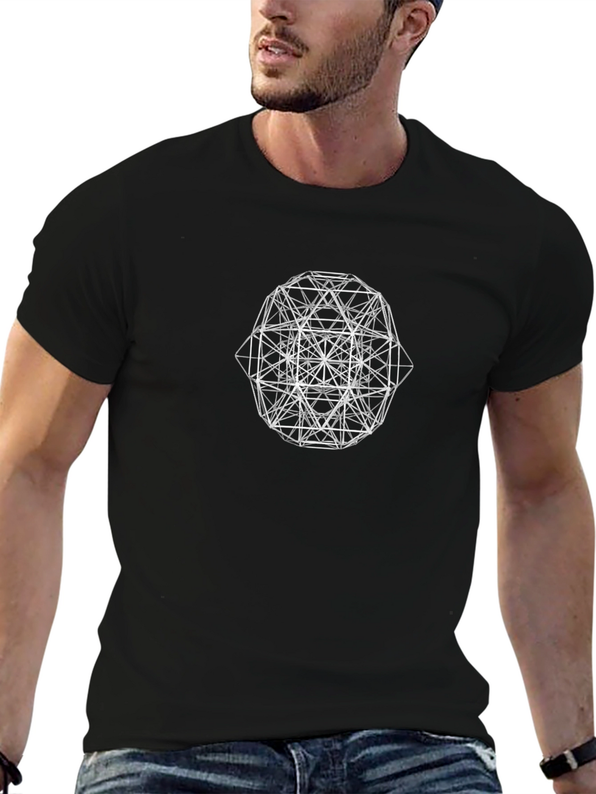 Geometric Line Art Black T-Shirt