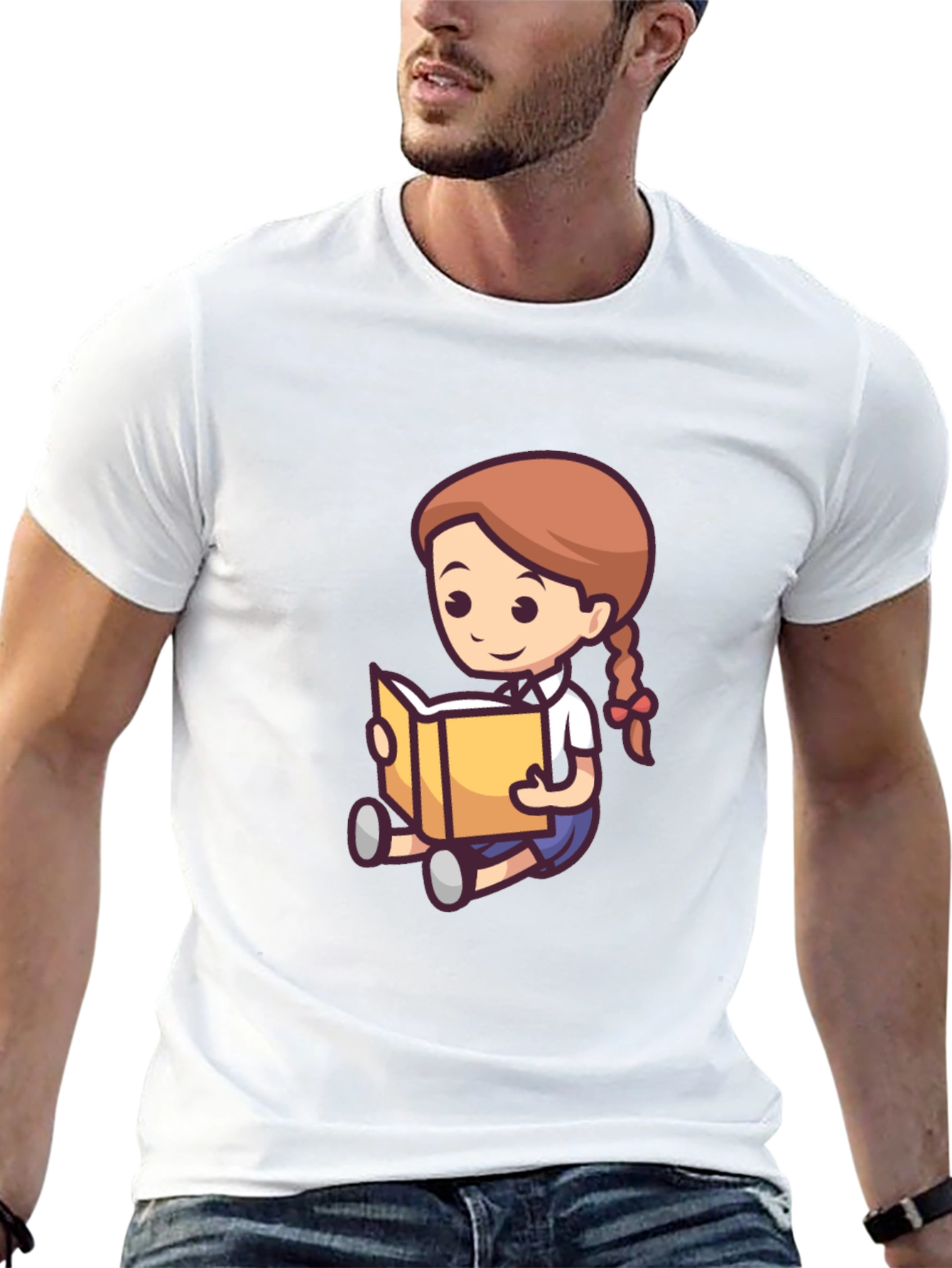 Cartoon Girl Reading Book Black T-Shirt
