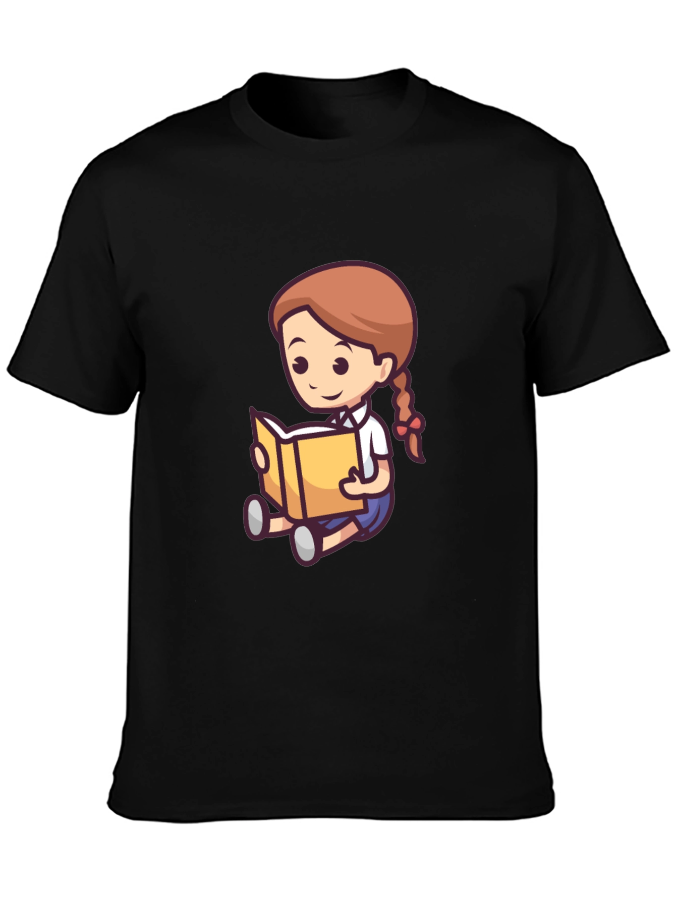 Cartoon Girl Reading Book Black T-Shirt