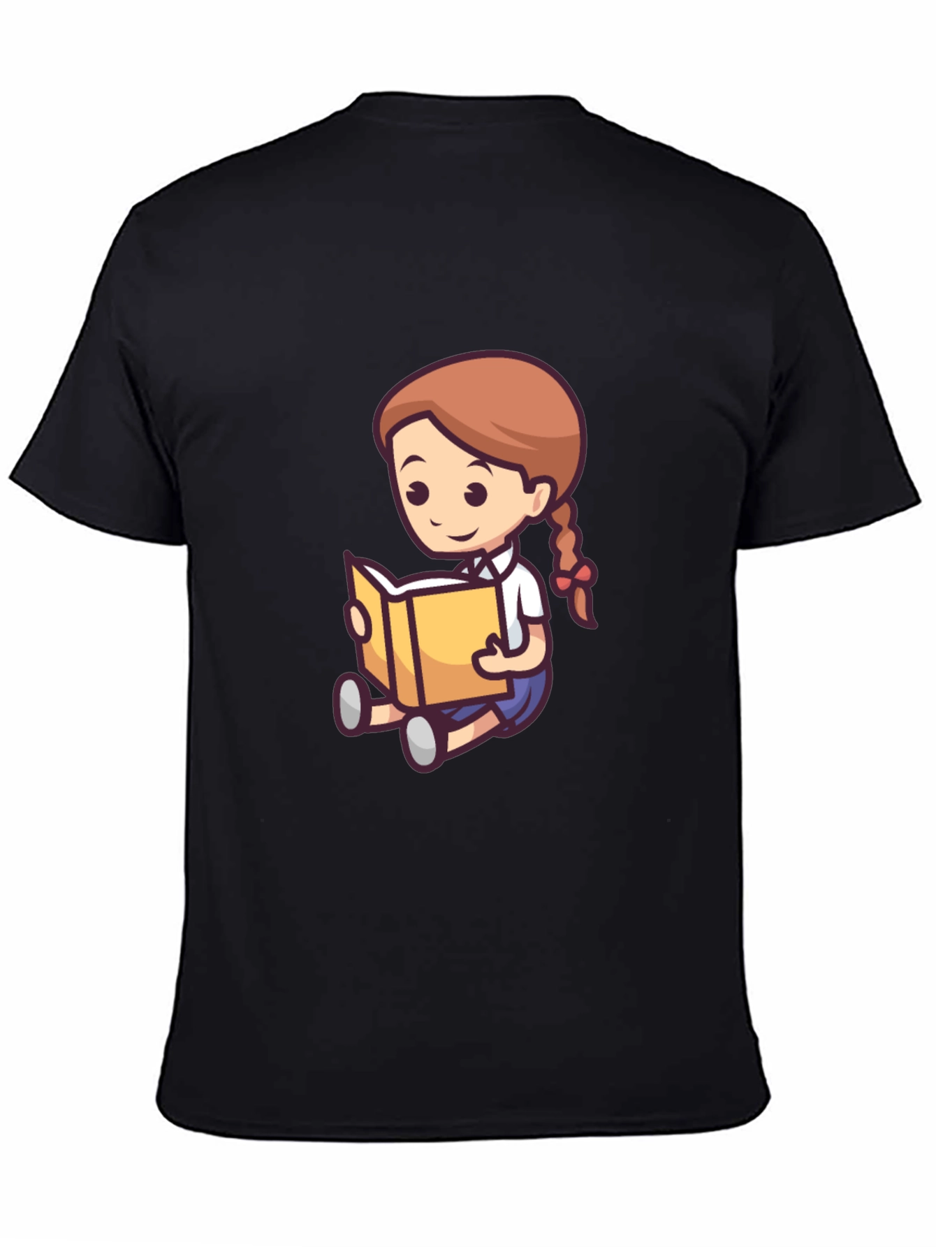 Cartoon Girl Reading Book Black T-Shirt
