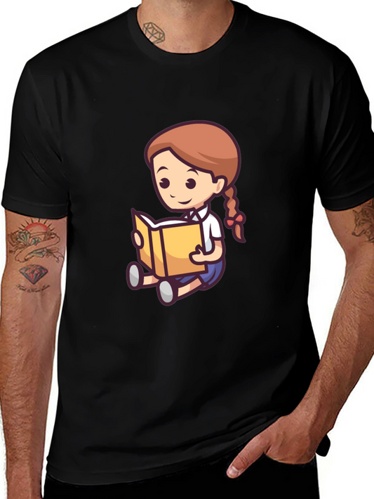 Cartoon Girl Reading Book Black T-Shirt