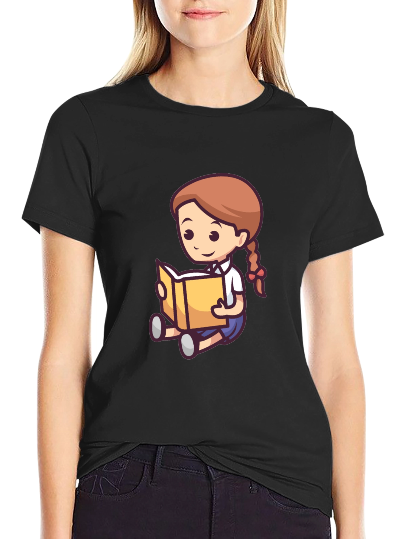 Cartoon Girl Reading Book Black T-Shirt