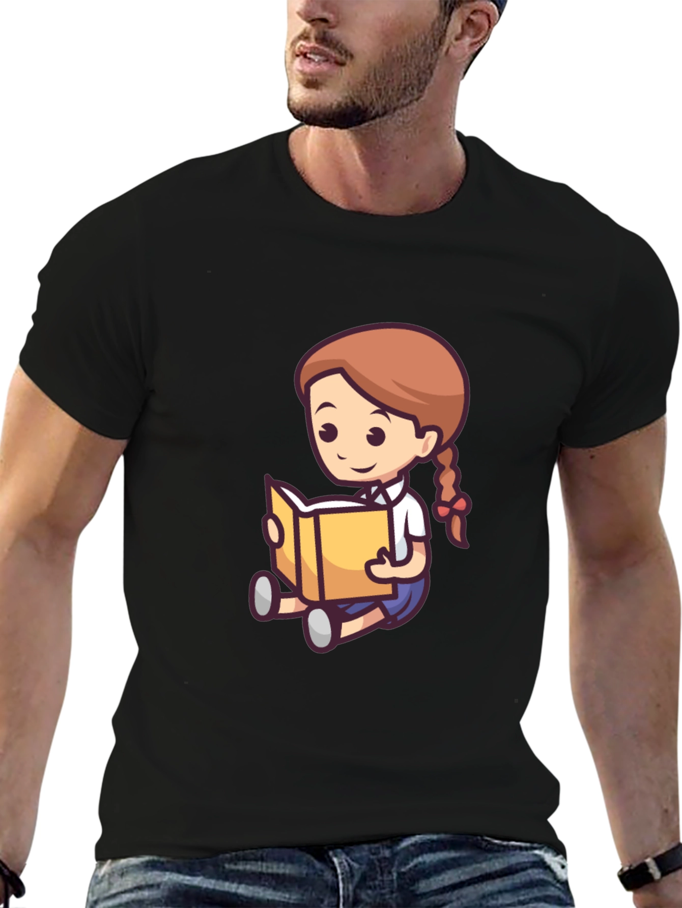 Cartoon Girl Reading Book Black T-Shirt