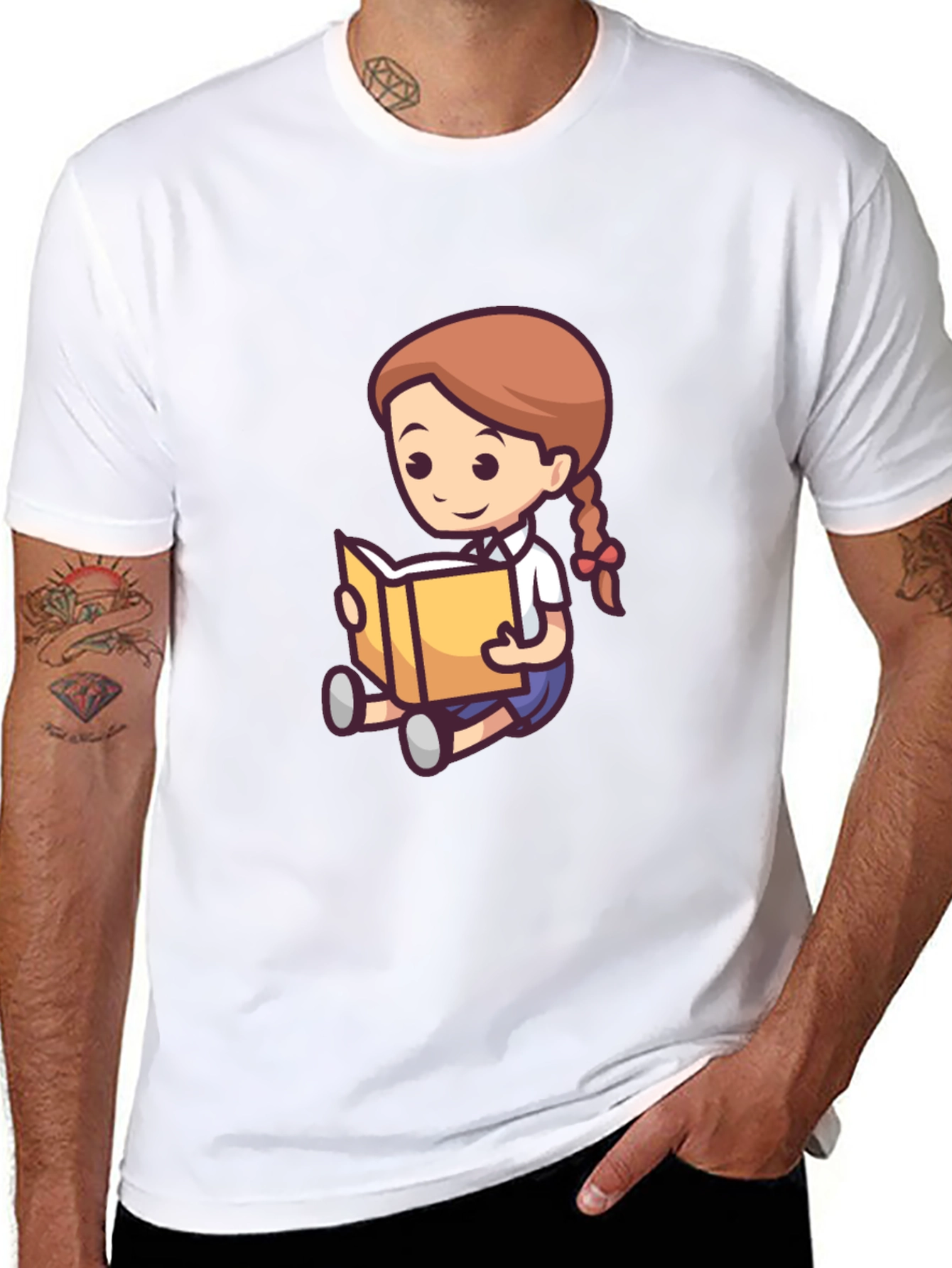 Cartoon Girl Reading Book Black T-Shirt