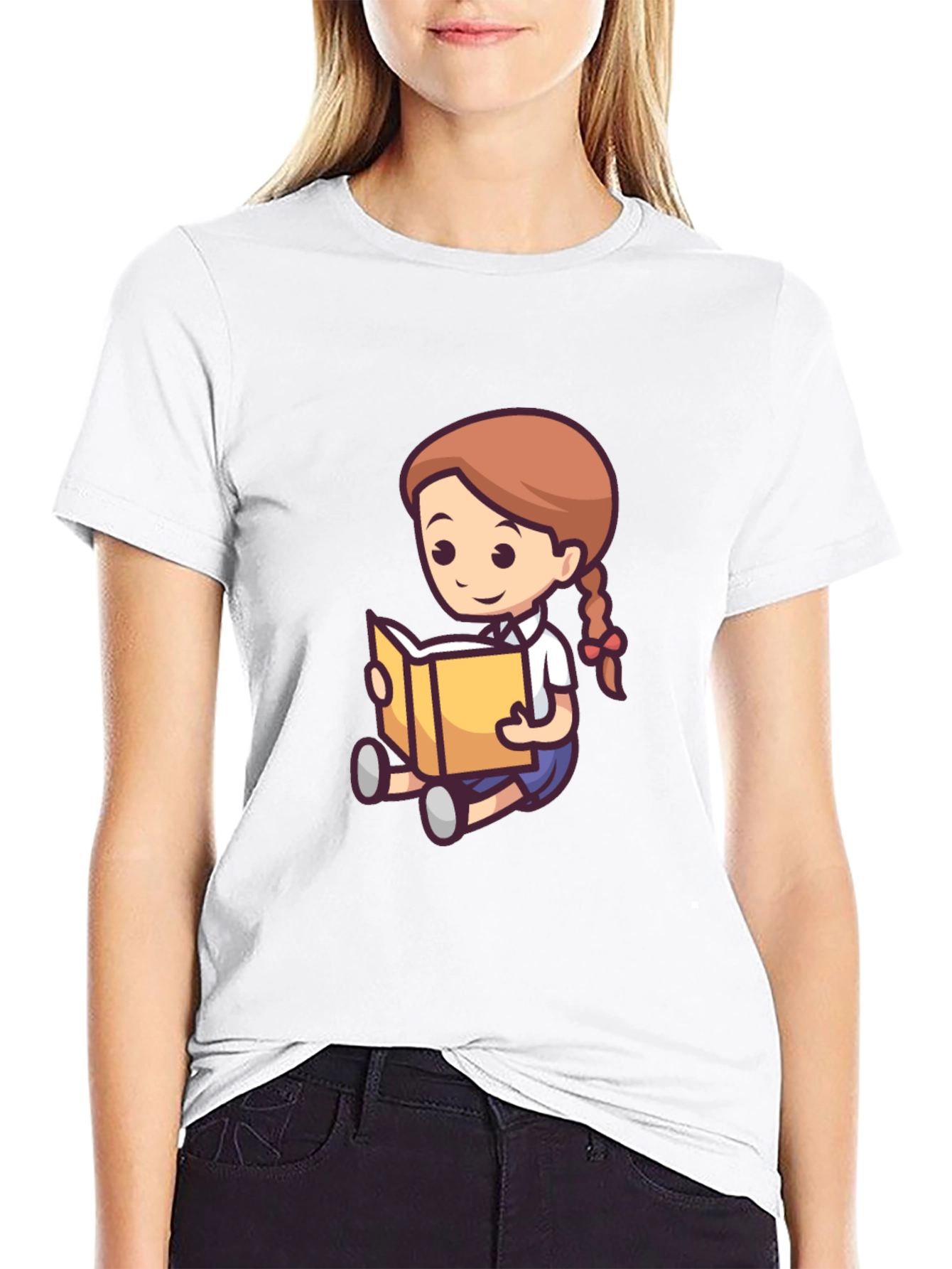 Cartoon Girl Reading Book Black T-Shirt