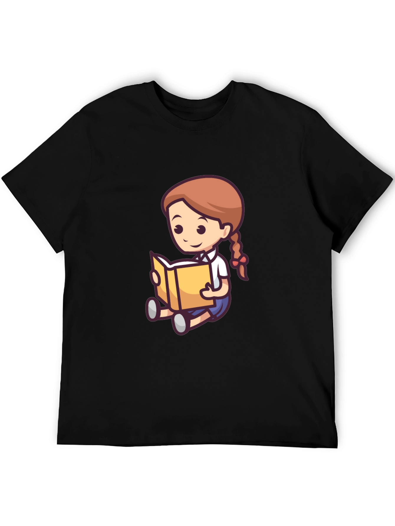 Cartoon Girl Reading Book Black T-Shirt