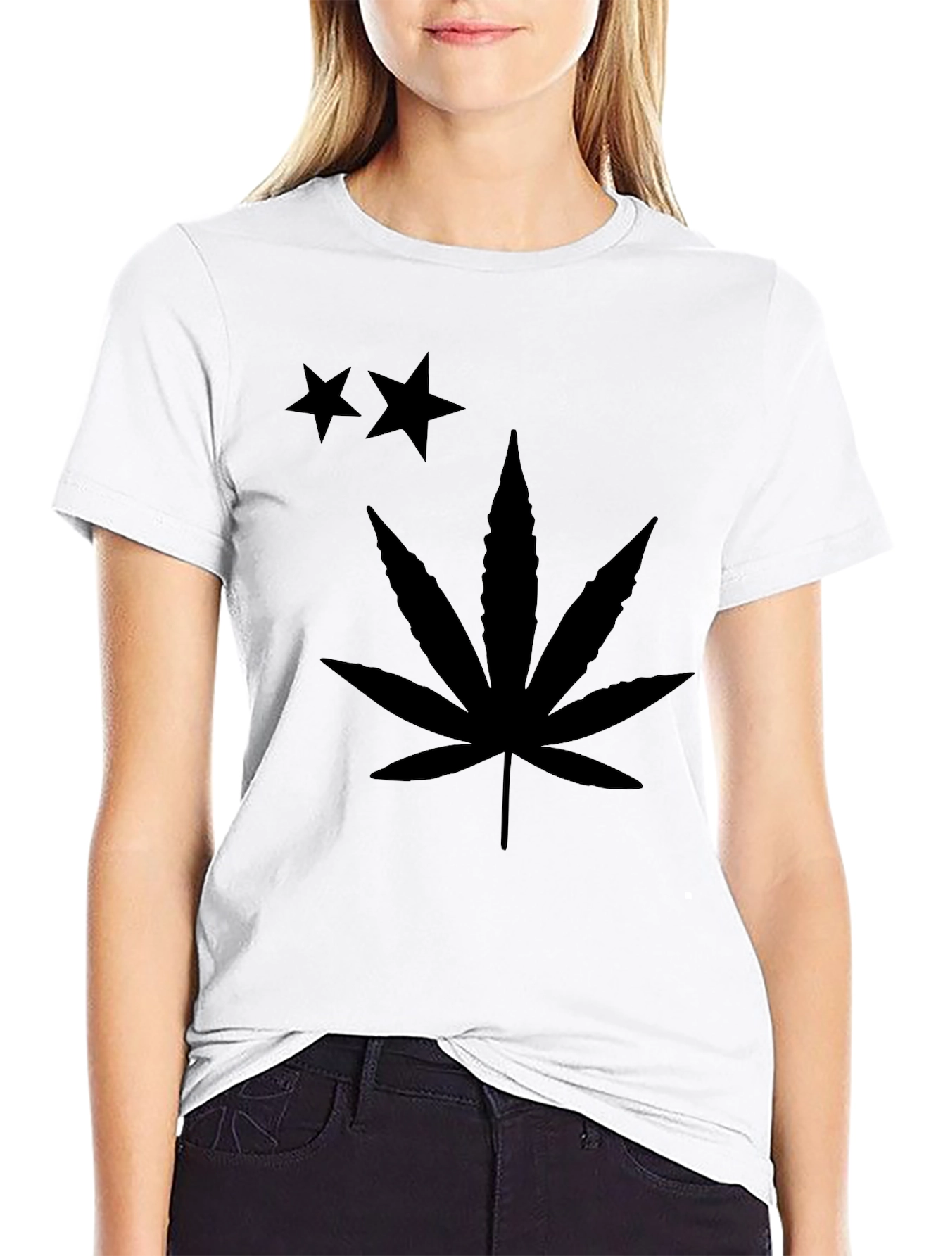 Black T-Shirt with Stars and Cannabis Leaf Print