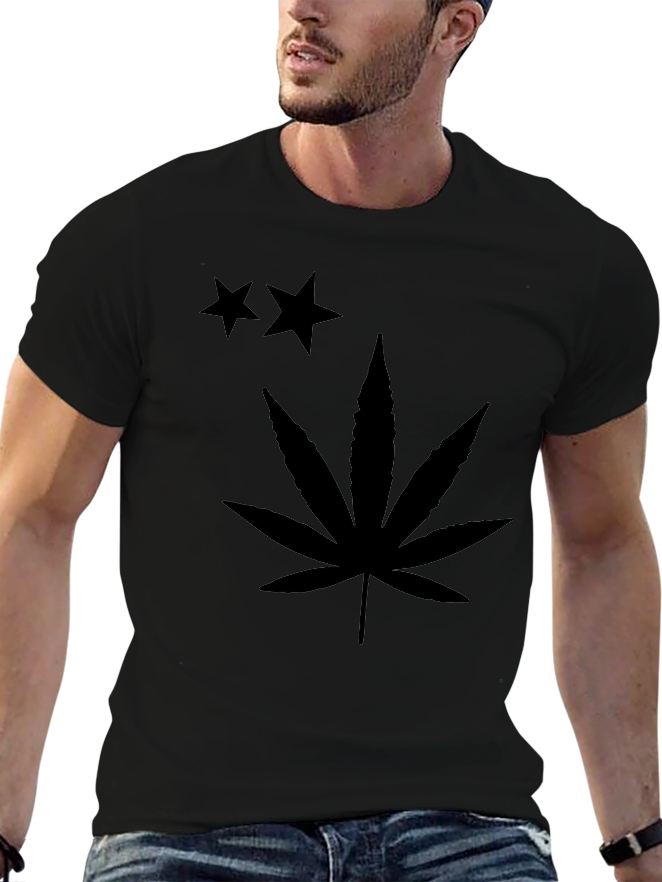 Black T-Shirt with Stars and Cannabis Leaf Print