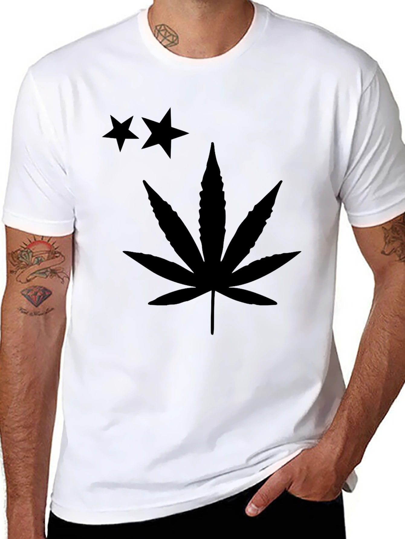 Black T-Shirt with Stars and Cannabis Leaf Print
