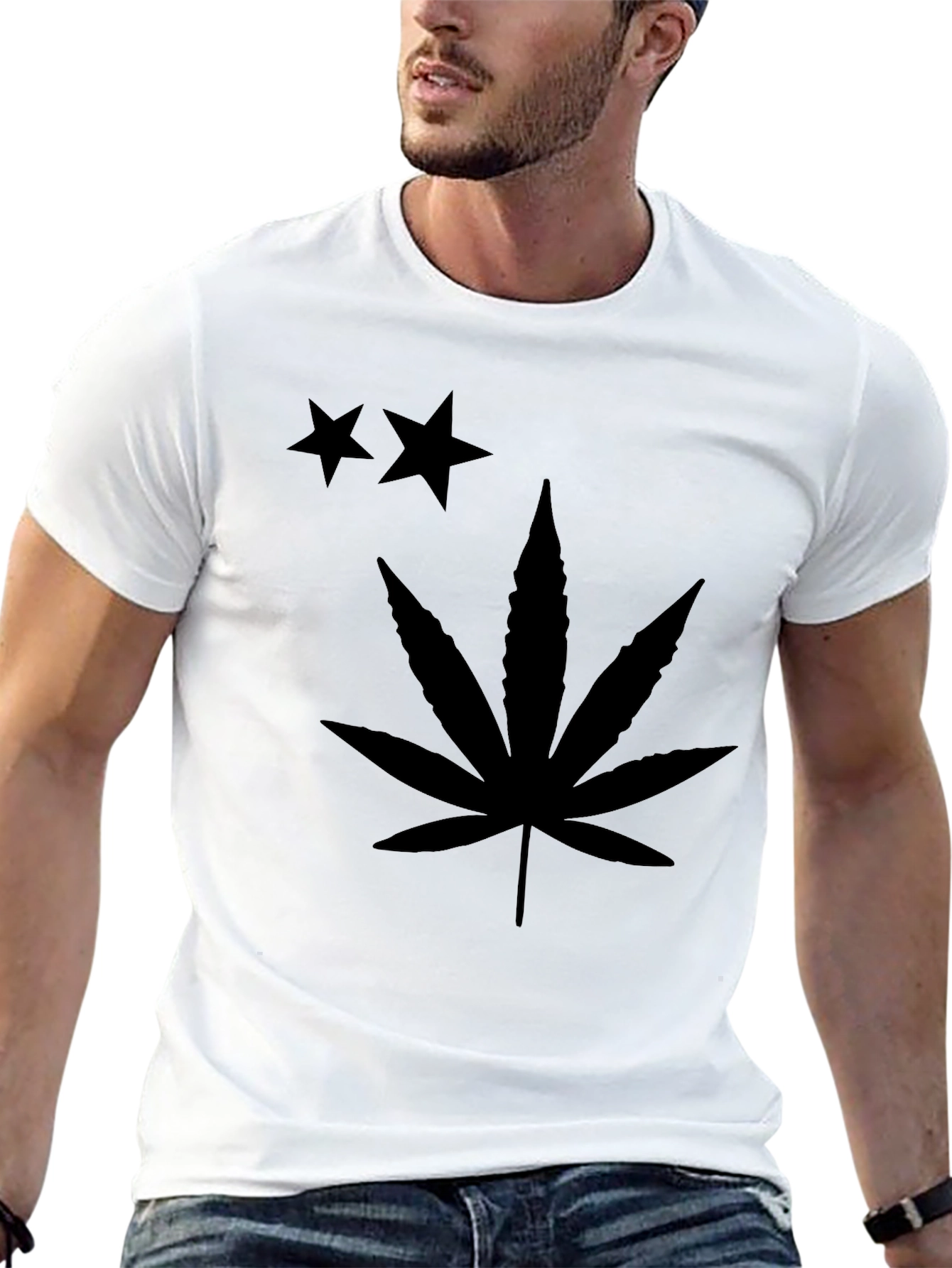 Black T-Shirt with Stars and Cannabis Leaf Print