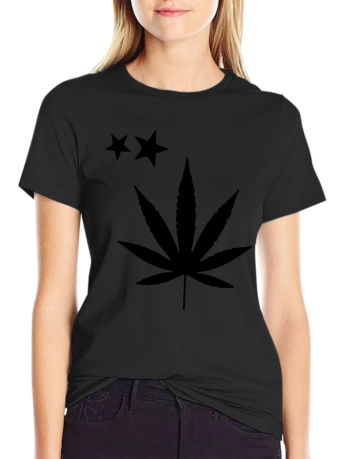 Black T-Shirt with Stars and Cannabis Leaf Print