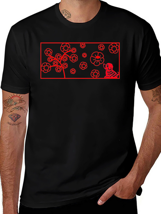 Red Flower Dog Graphic Black T-Shirt