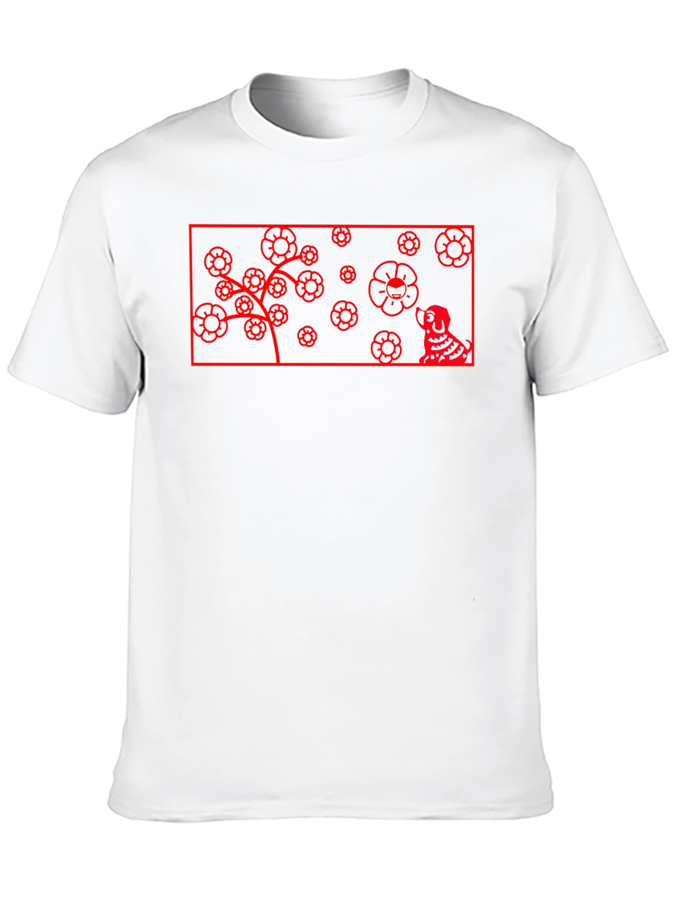 Red Flower Dog Graphic Black T-Shirt