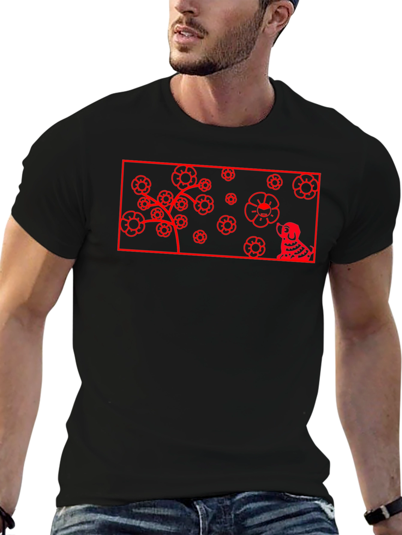 Red Flower Dog Graphic Black T-Shirt