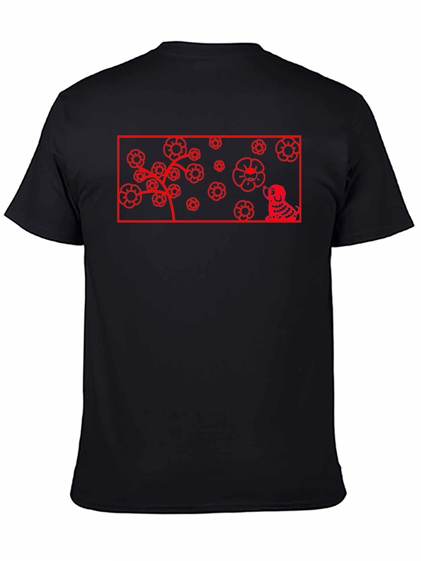 Red Flower Dog Graphic Black T-Shirt
