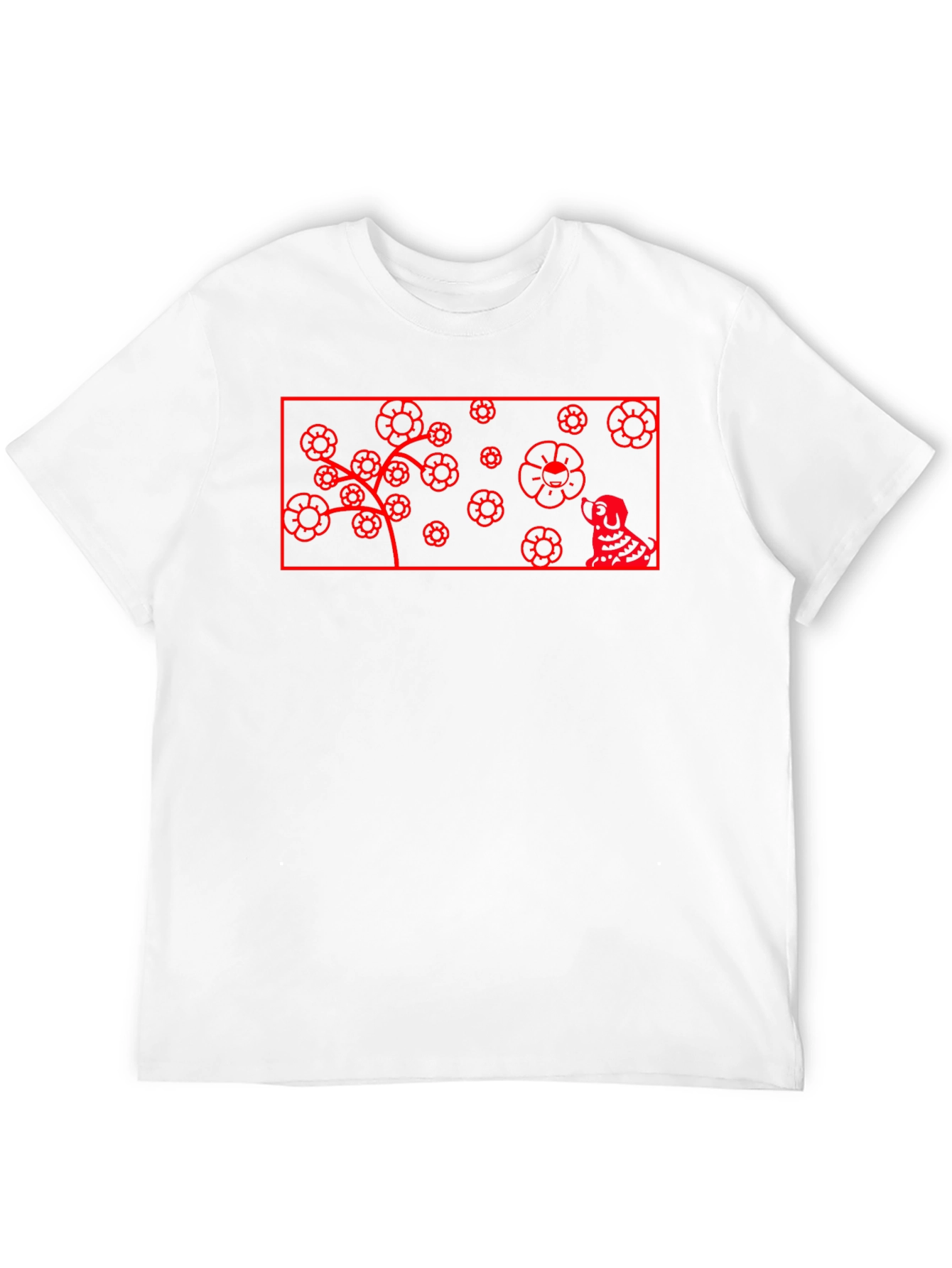 Red Flower Dog Graphic Black T-Shirt
