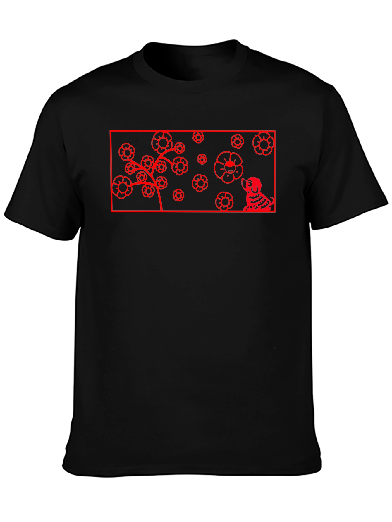 Red Flower Dog Graphic Black T-Shirt