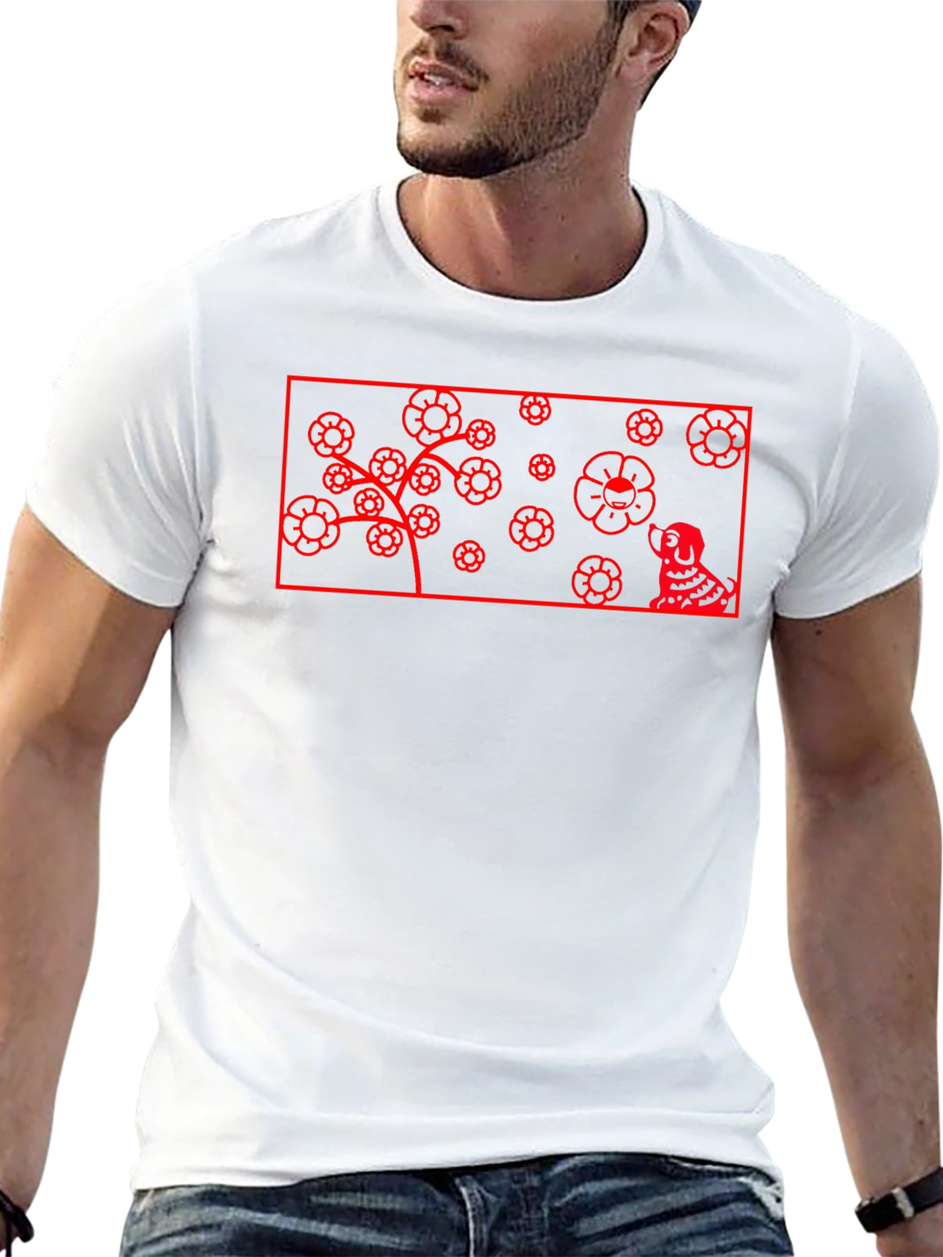 Red Flower Dog Graphic Black T-Shirt