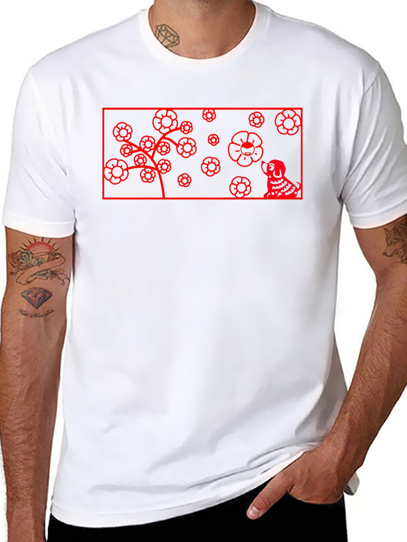 Red Flower Dog Graphic Black T-Shirt