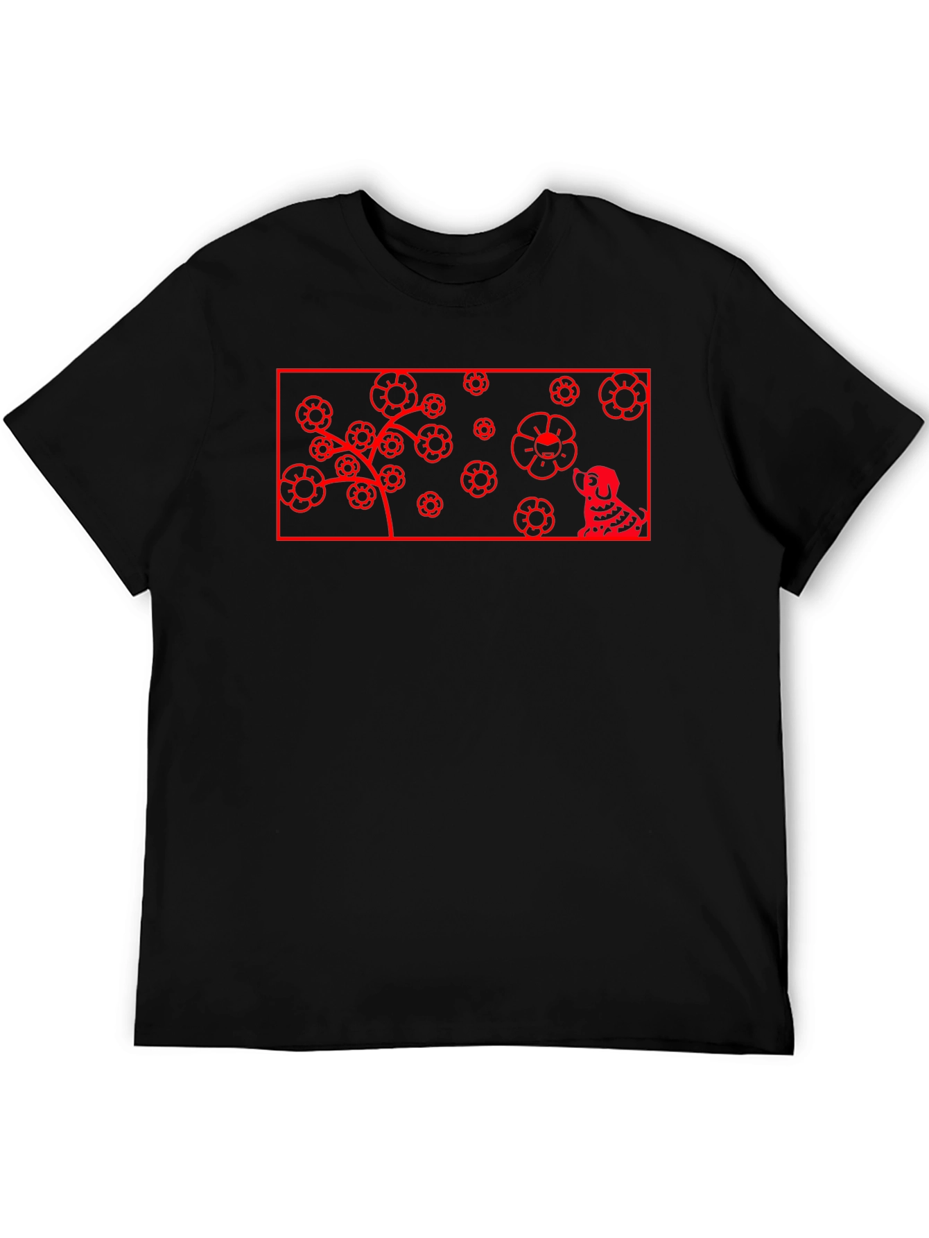 Red Flower Dog Graphic Black T-Shirt
