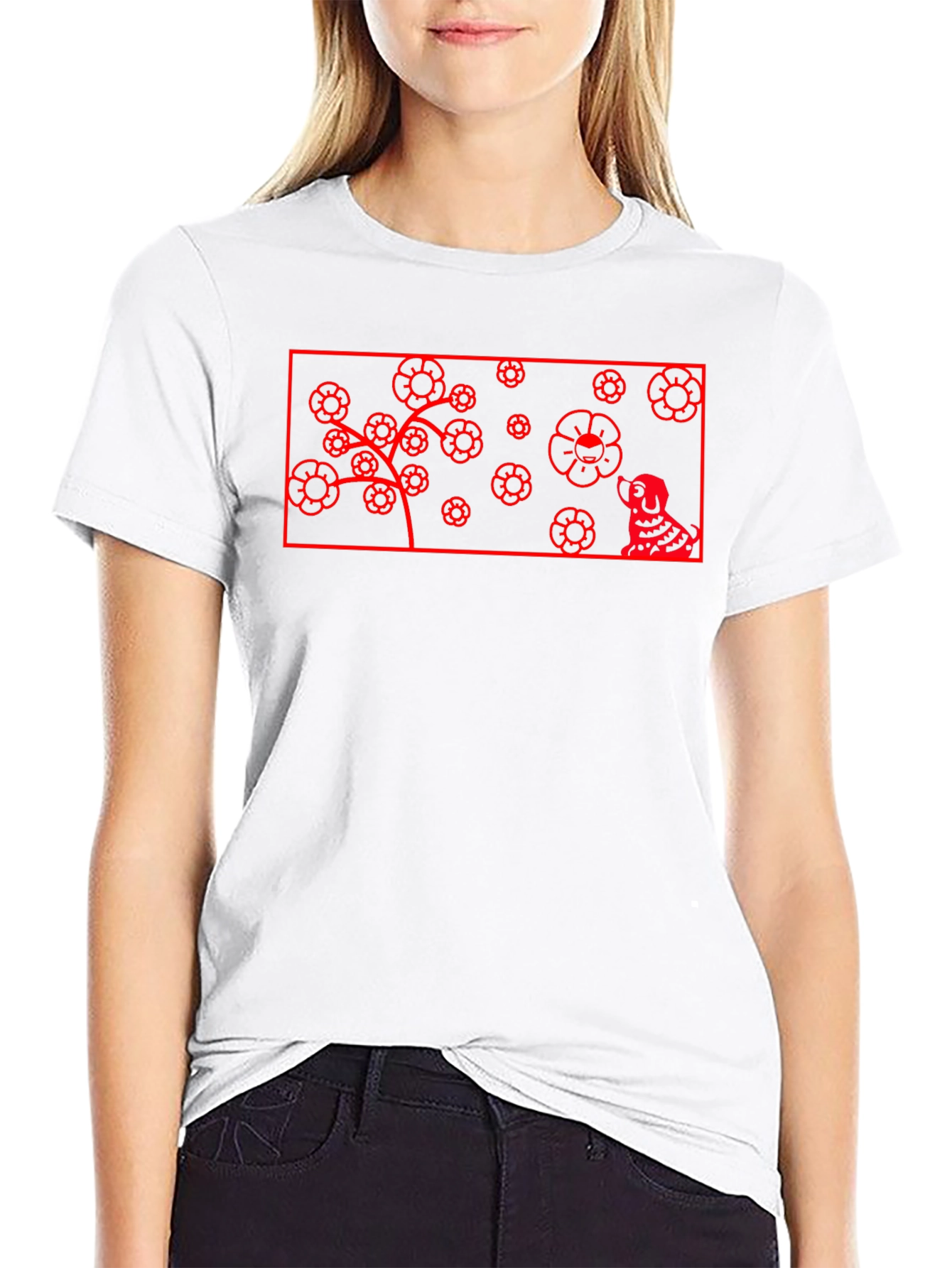 Red Flower Dog Graphic Black T-Shirt