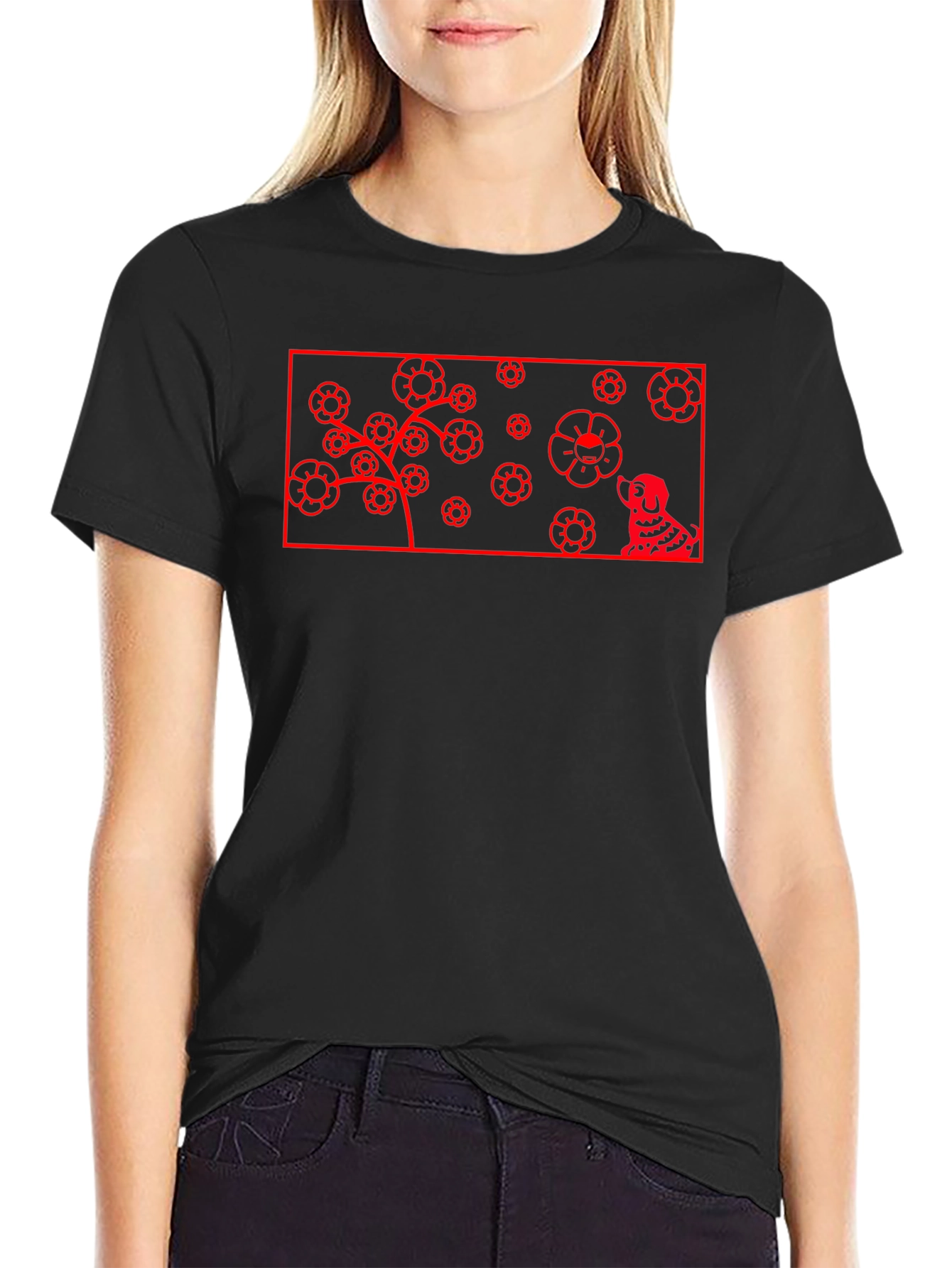 Red Flower Dog Graphic Black T-Shirt