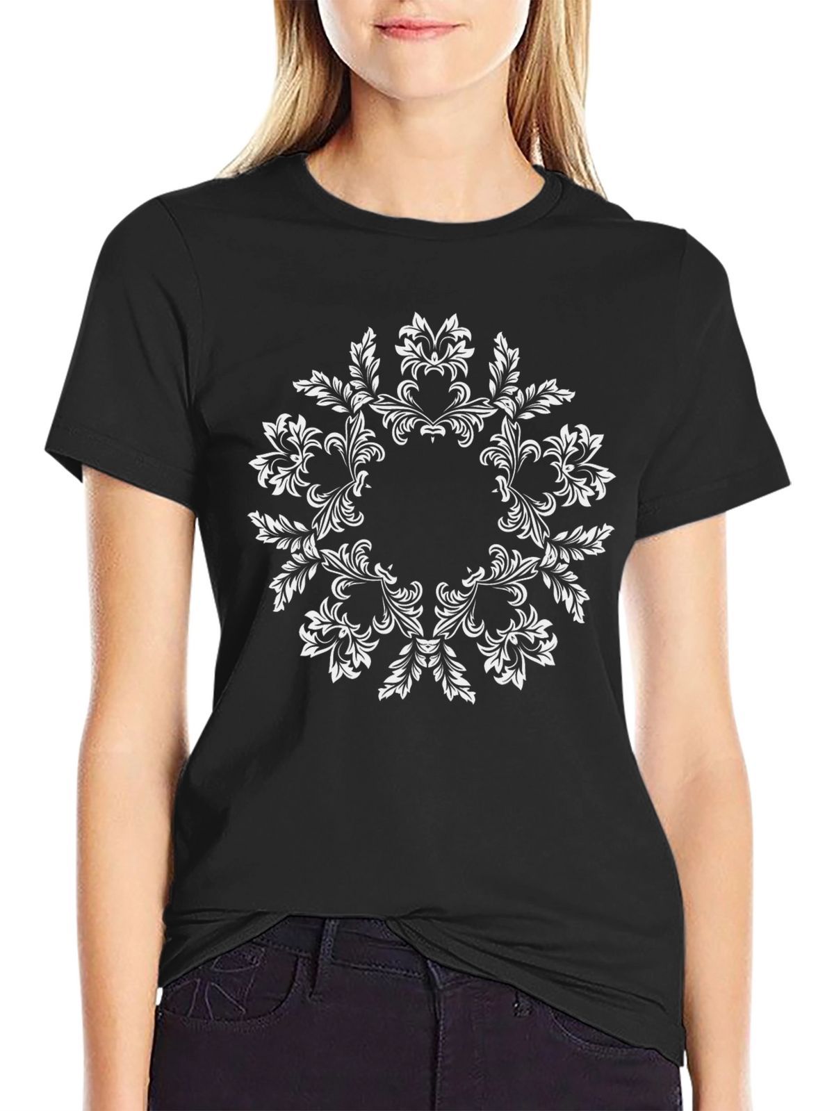 Elegant Black T-Shirt with Floral Mandala Design