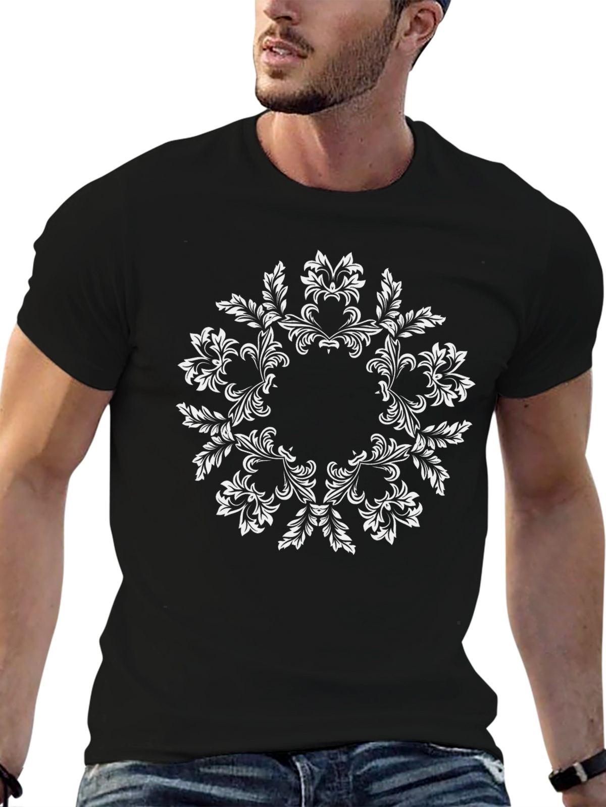 Elegant Black T-Shirt with Floral Mandala Design