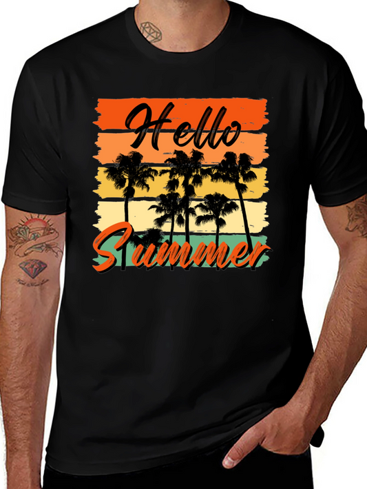 Hello Summer Graphic Tee - Black T-Shirt with Palm Trees