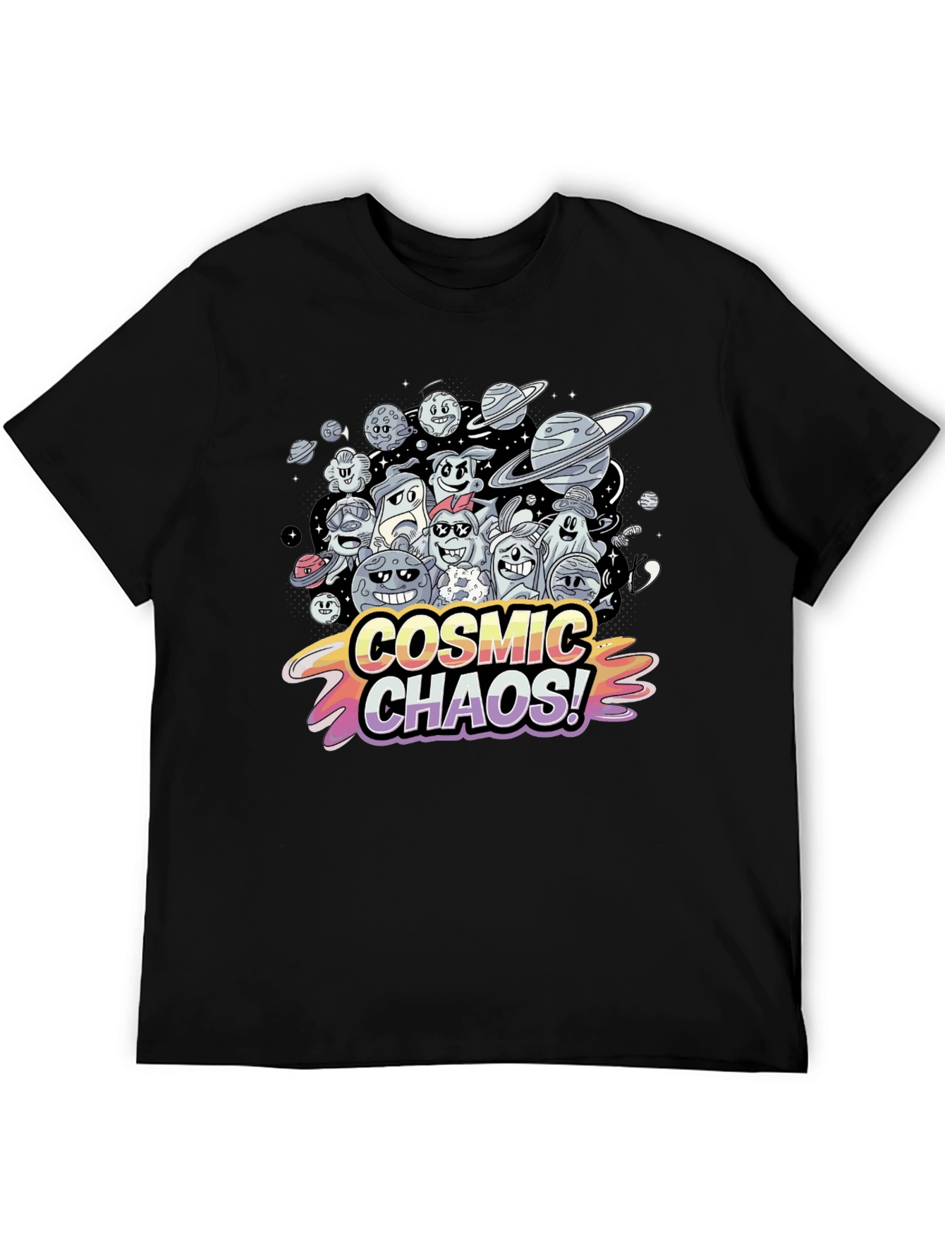 Cosmic Chaos Graphic Print Black T-Shirt