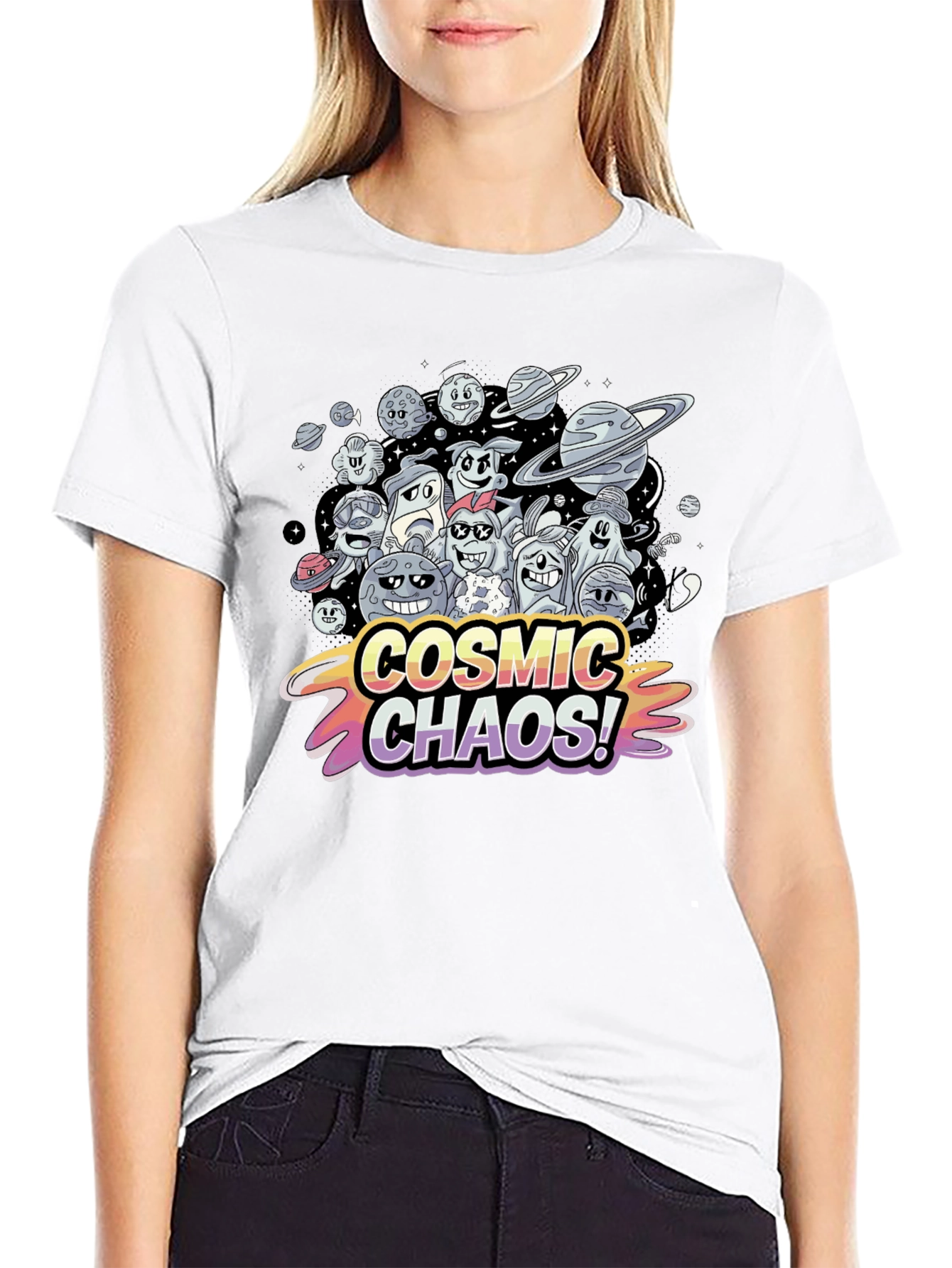 Cosmic Chaos Graphic Print Black T-Shirt