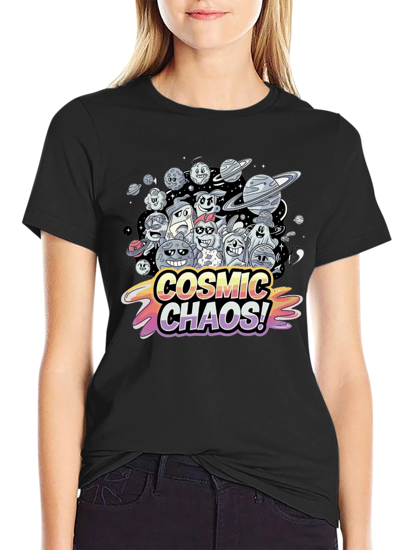 Cosmic Chaos Graphic Print Black T-Shirt