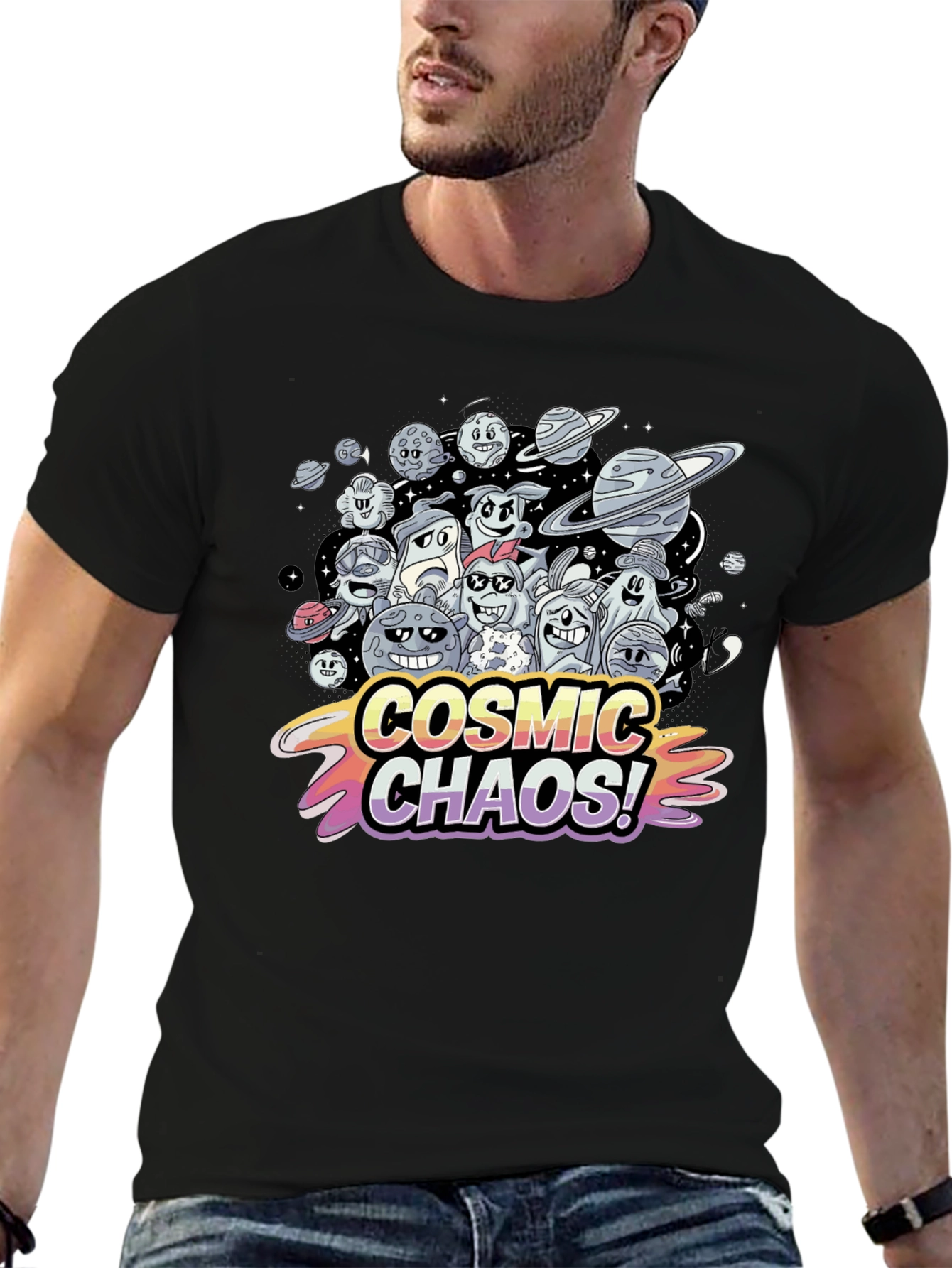 Cosmic Chaos Graphic Print Black T-Shirt