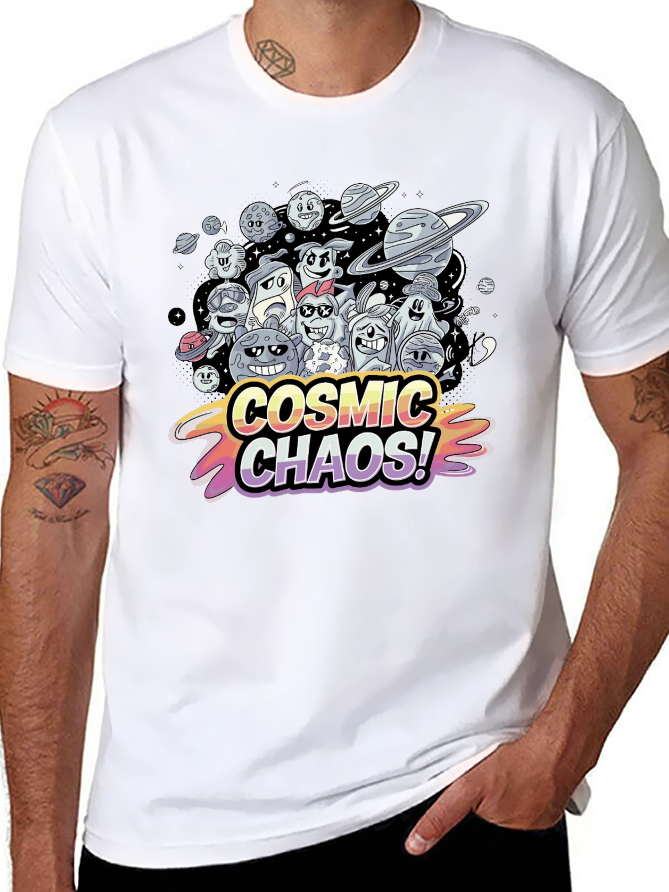 Cosmic Chaos Graphic Print Black T-Shirt