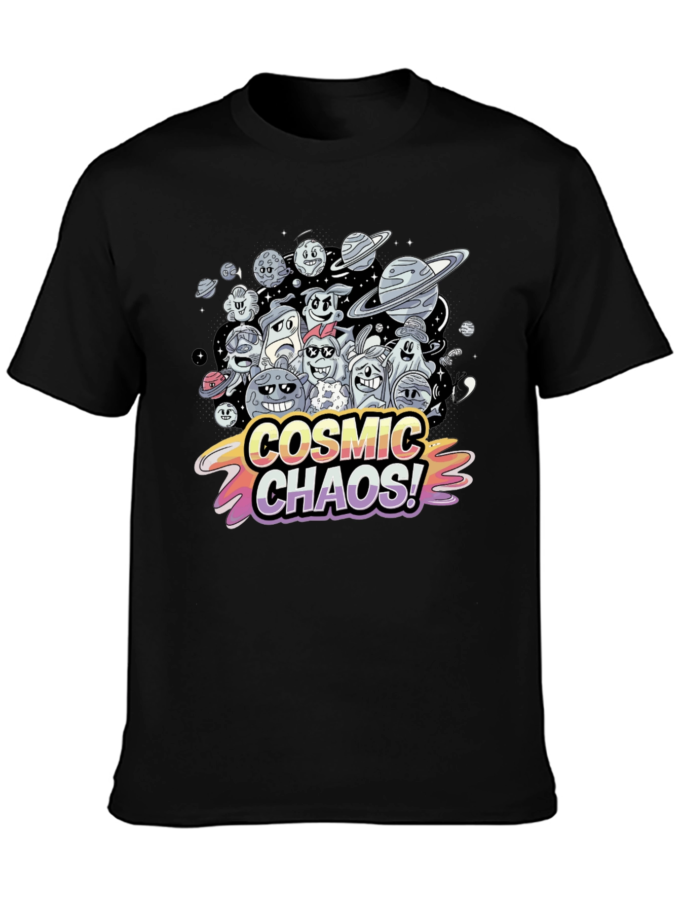 Cosmic Chaos Graphic Print Black T-Shirt