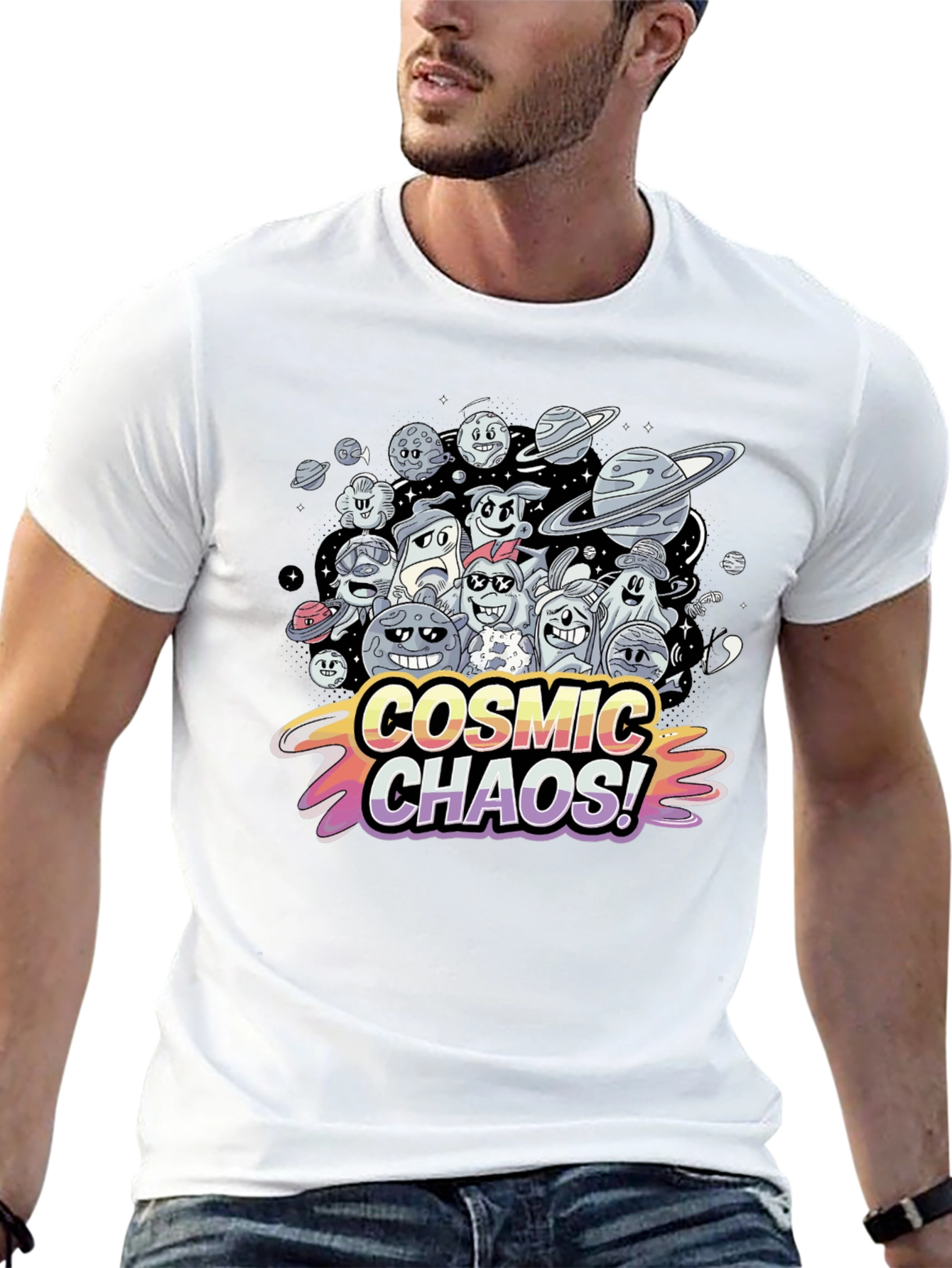 Cosmic Chaos Graphic Print Black T-Shirt