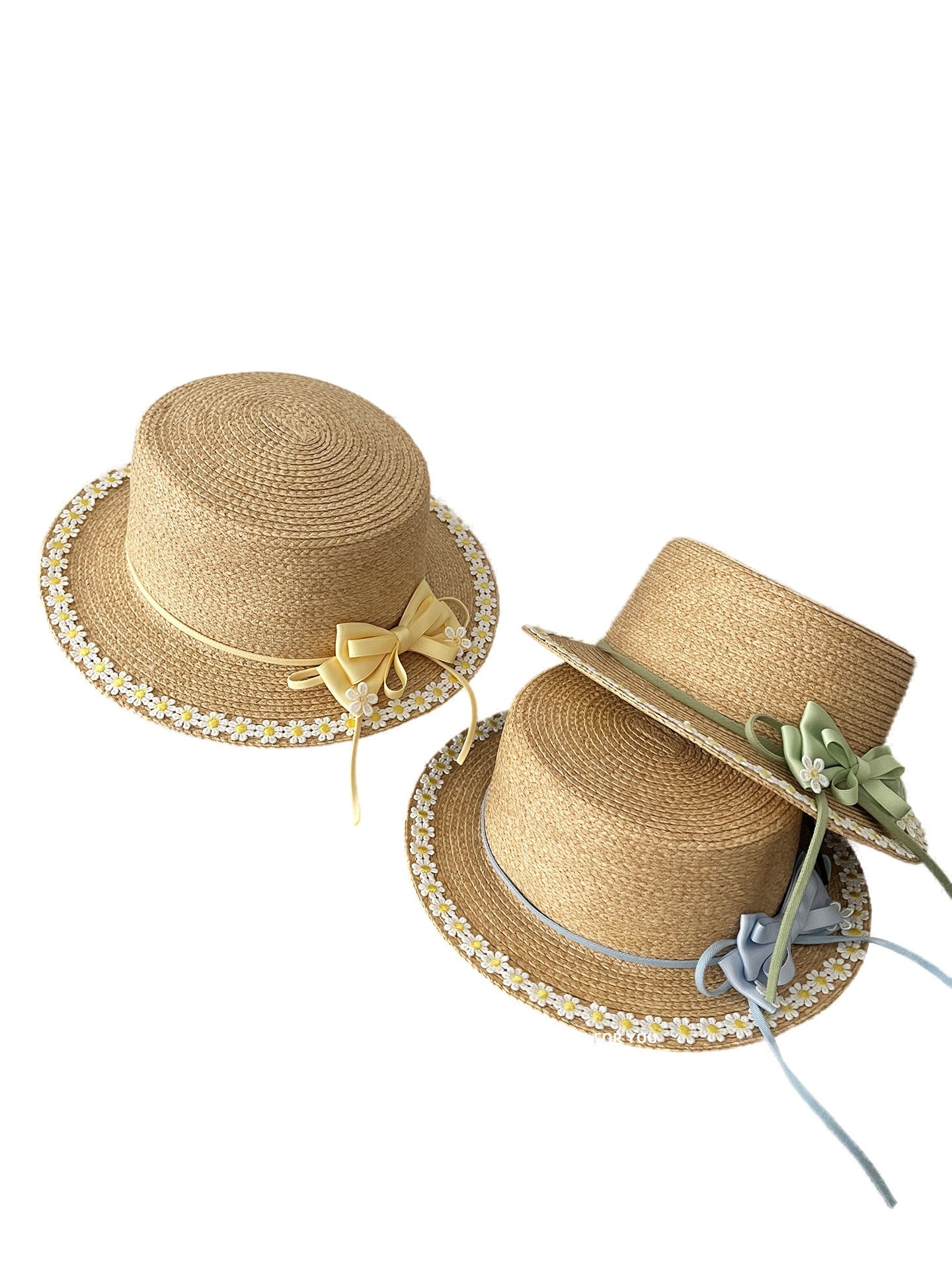 Women's Straw Flat Brim Hat with Bow and Floral Trim for Summer Sun Protection
