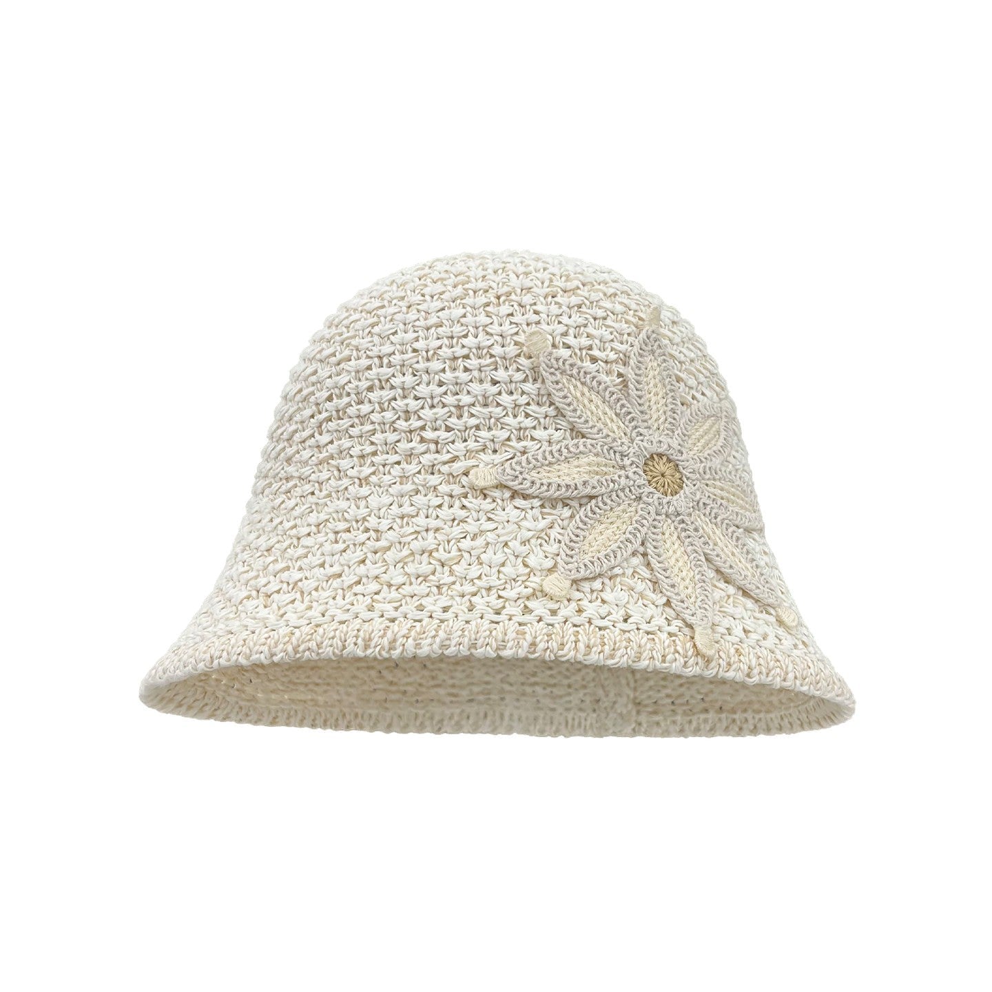 Women's Knit Bucket Hat with Flower Appliqué, Summer Sun Protection