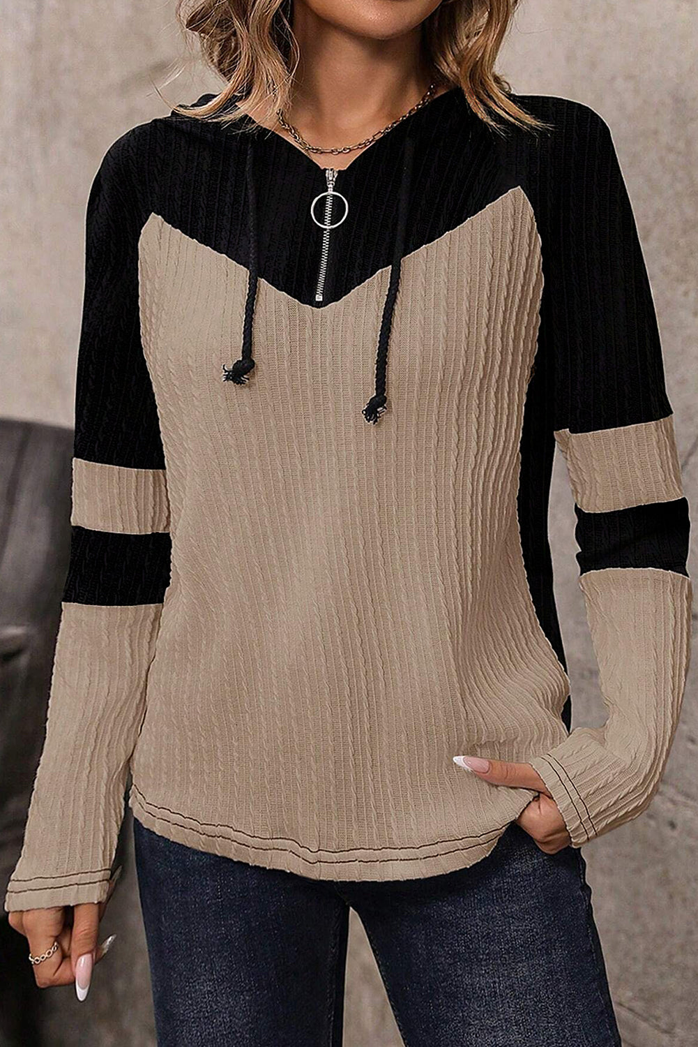 Parchment Textured Colorblock Long Sleeve Quarter Zip Drawstring Hooded Top