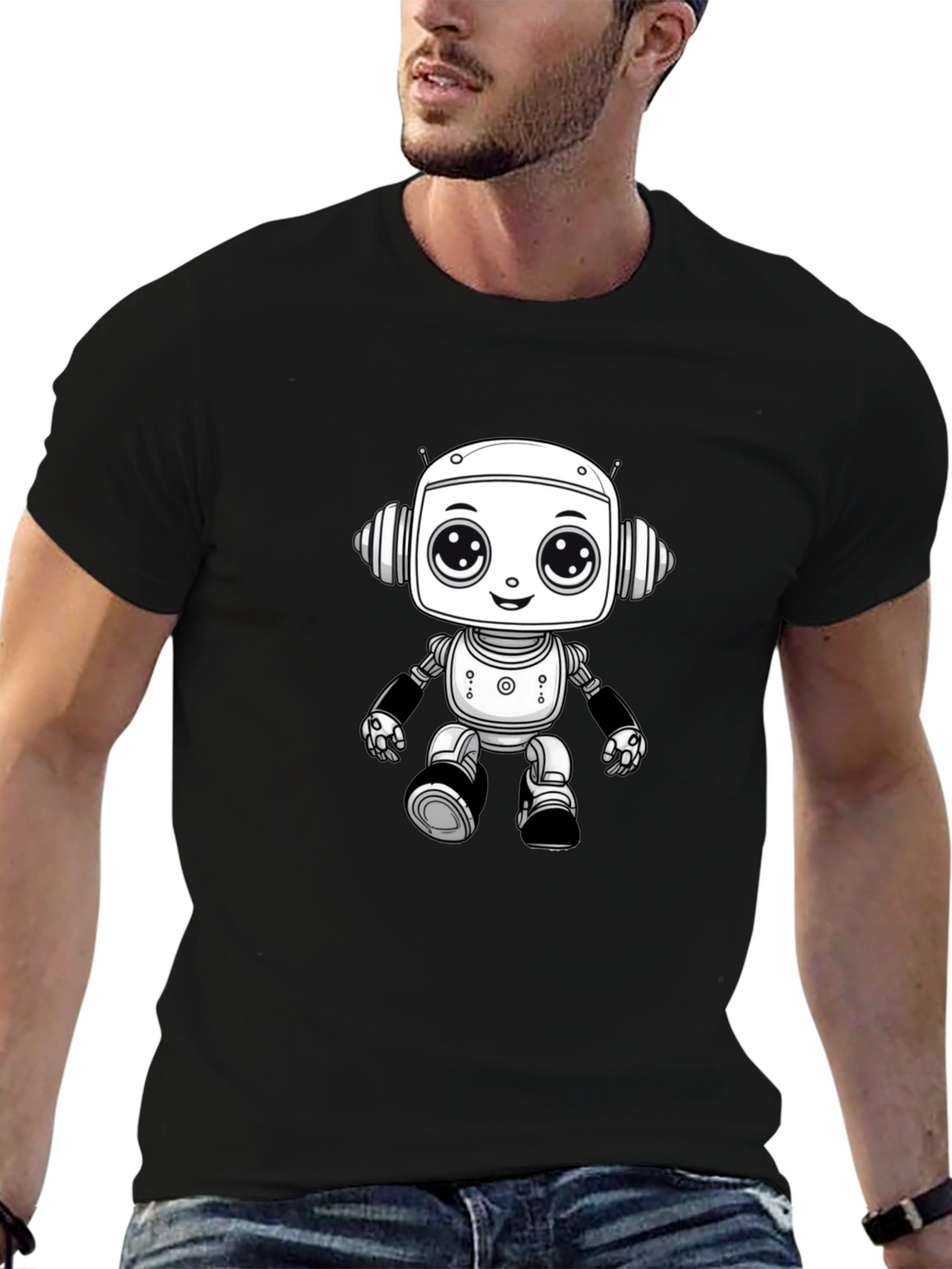 Cute Robot Graphic Tee - Black