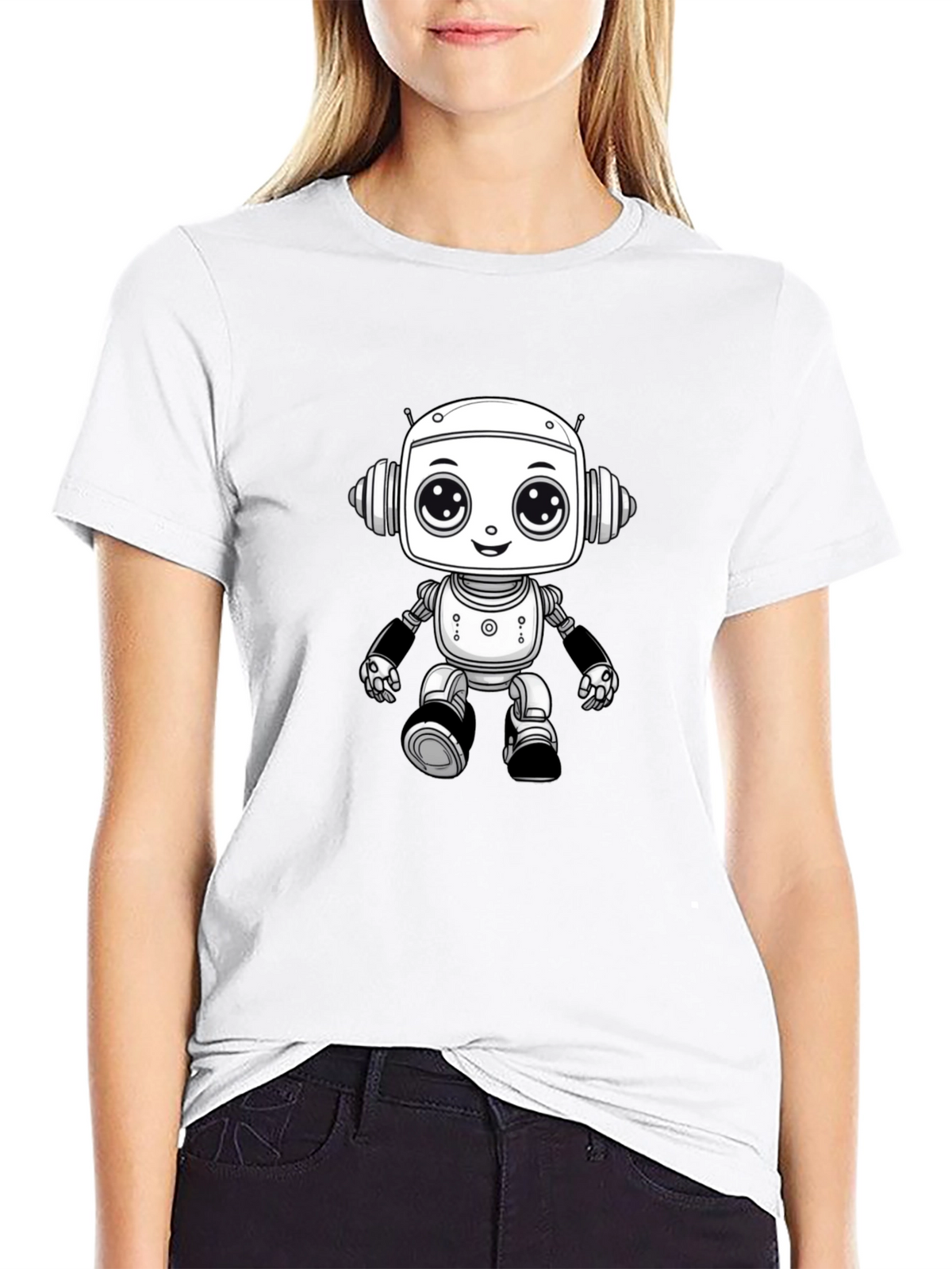 Cute Robot Graphic Tee - Black