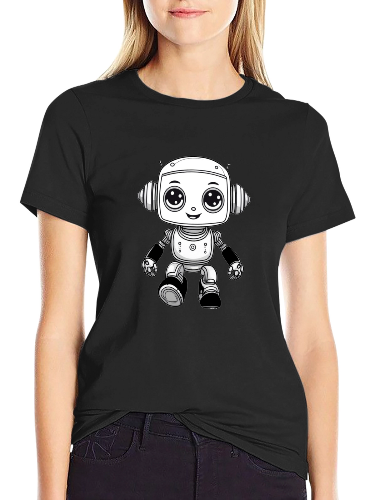 Cute Robot Graphic Tee - Black