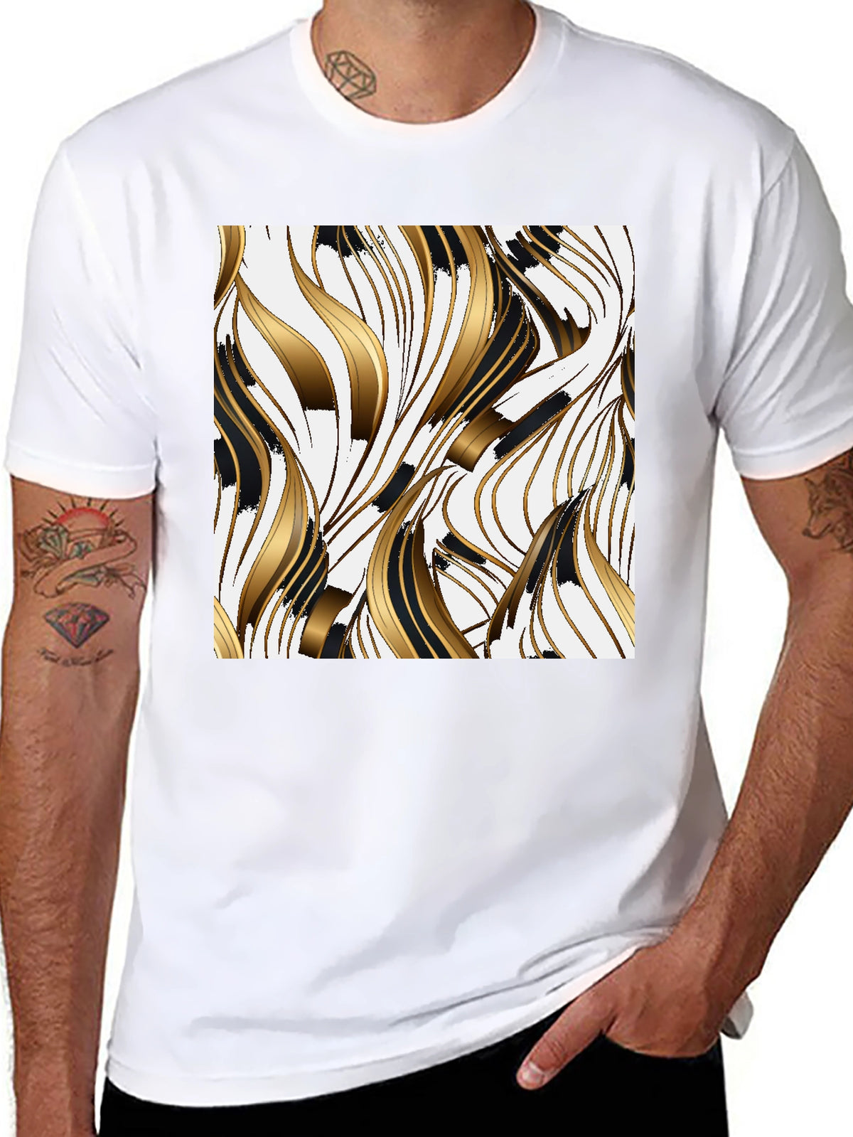 Stylish Black Tee with Abstract Gold & Black Design