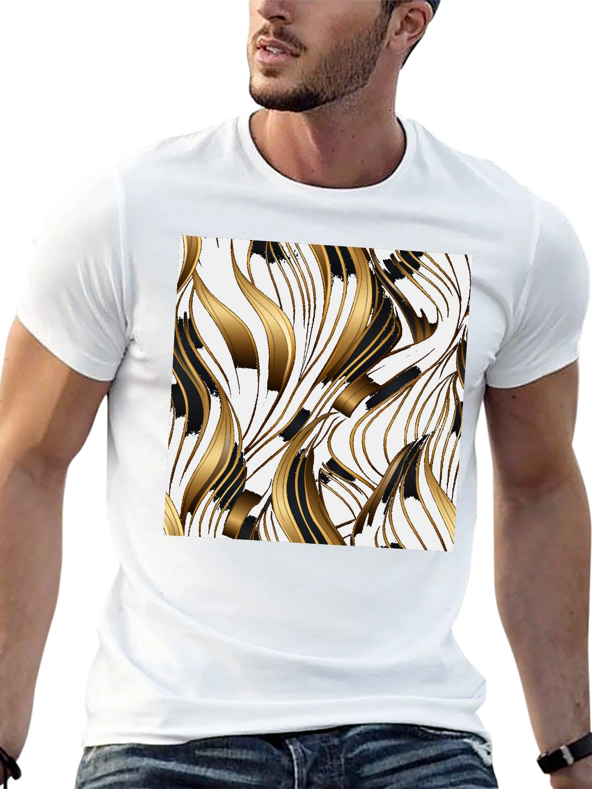 Stylish Black Tee with Abstract Gold & Black Design
