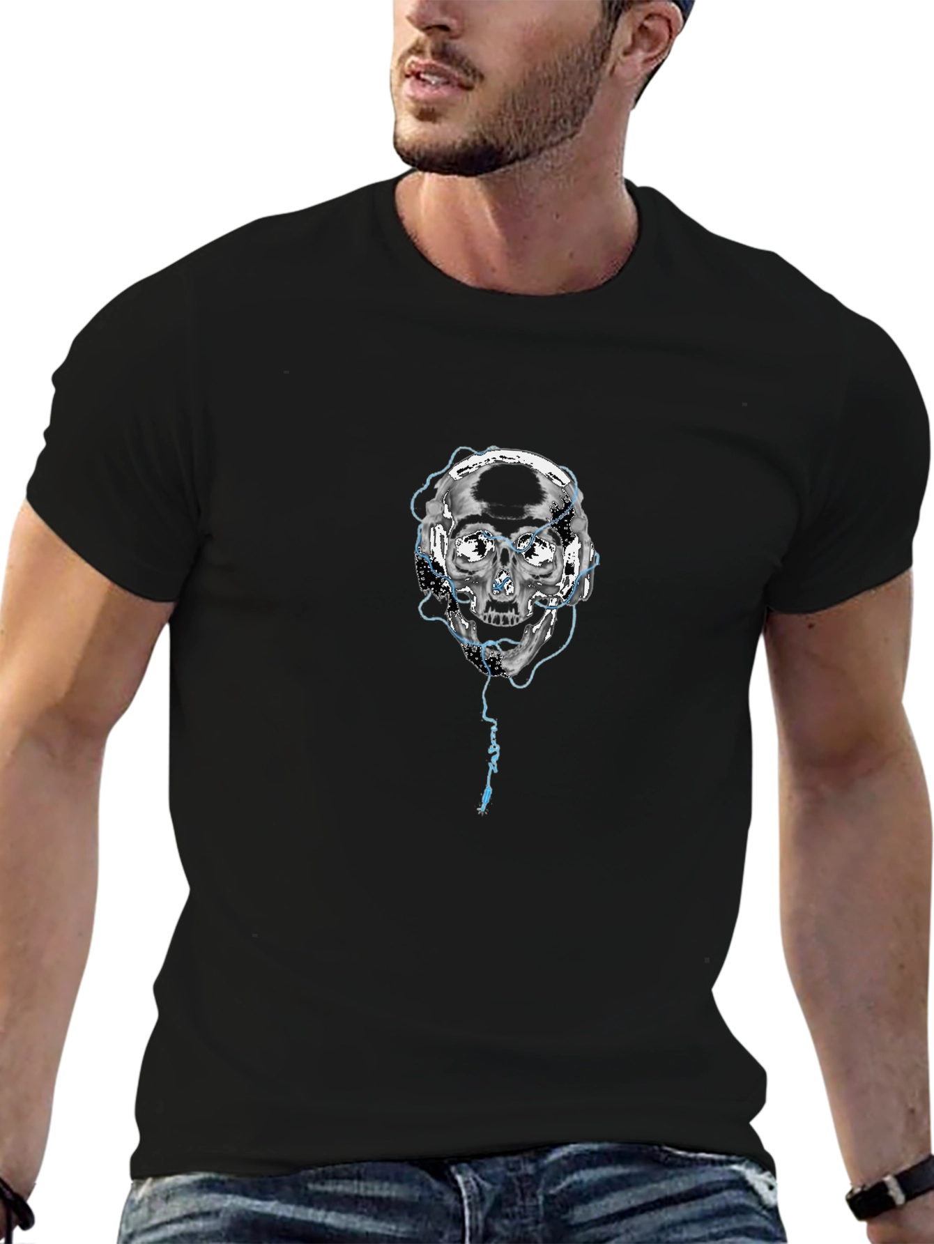Skull with Headphones Graphic Black T-Shirt