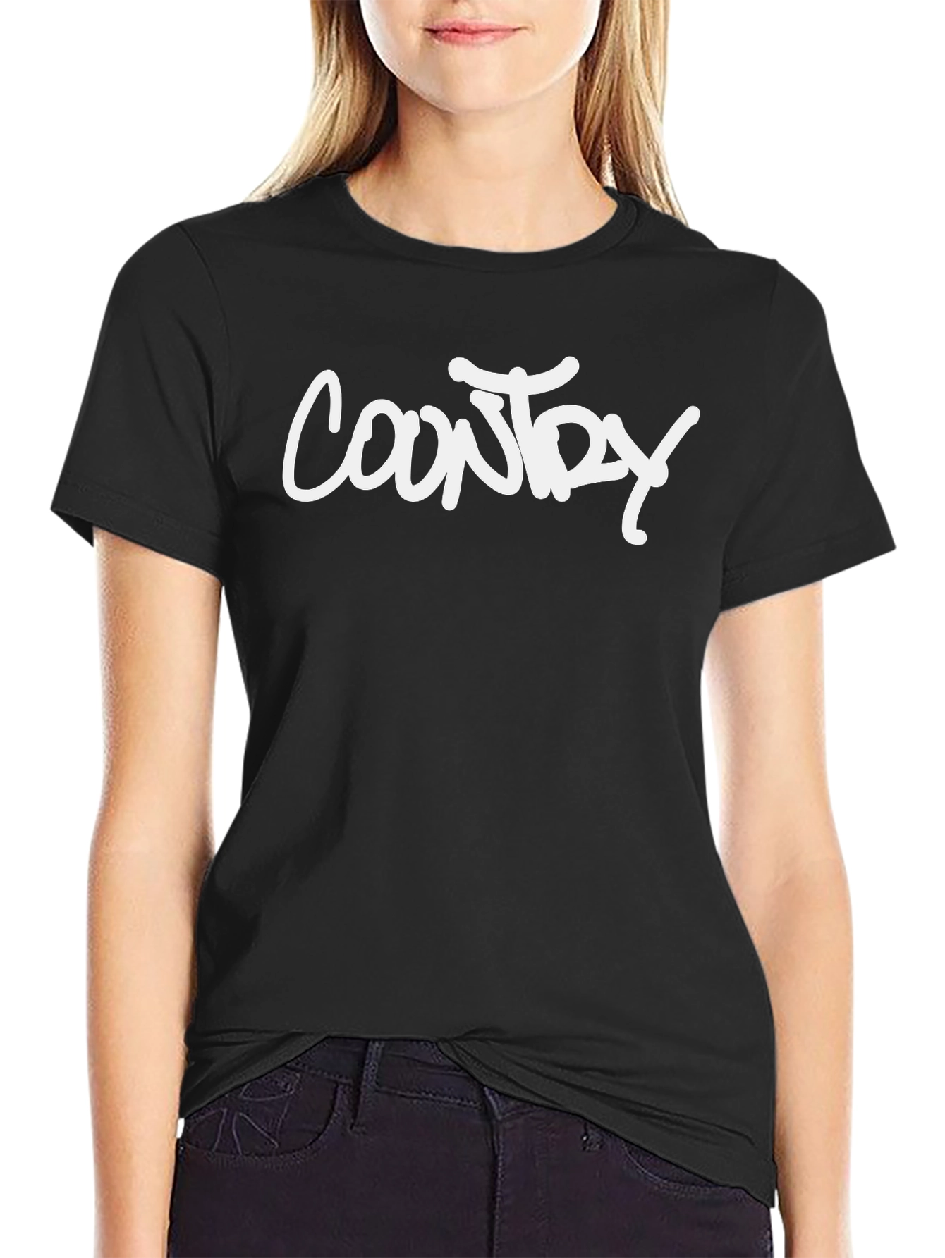 Country White Text Graphic Black T-Shirt