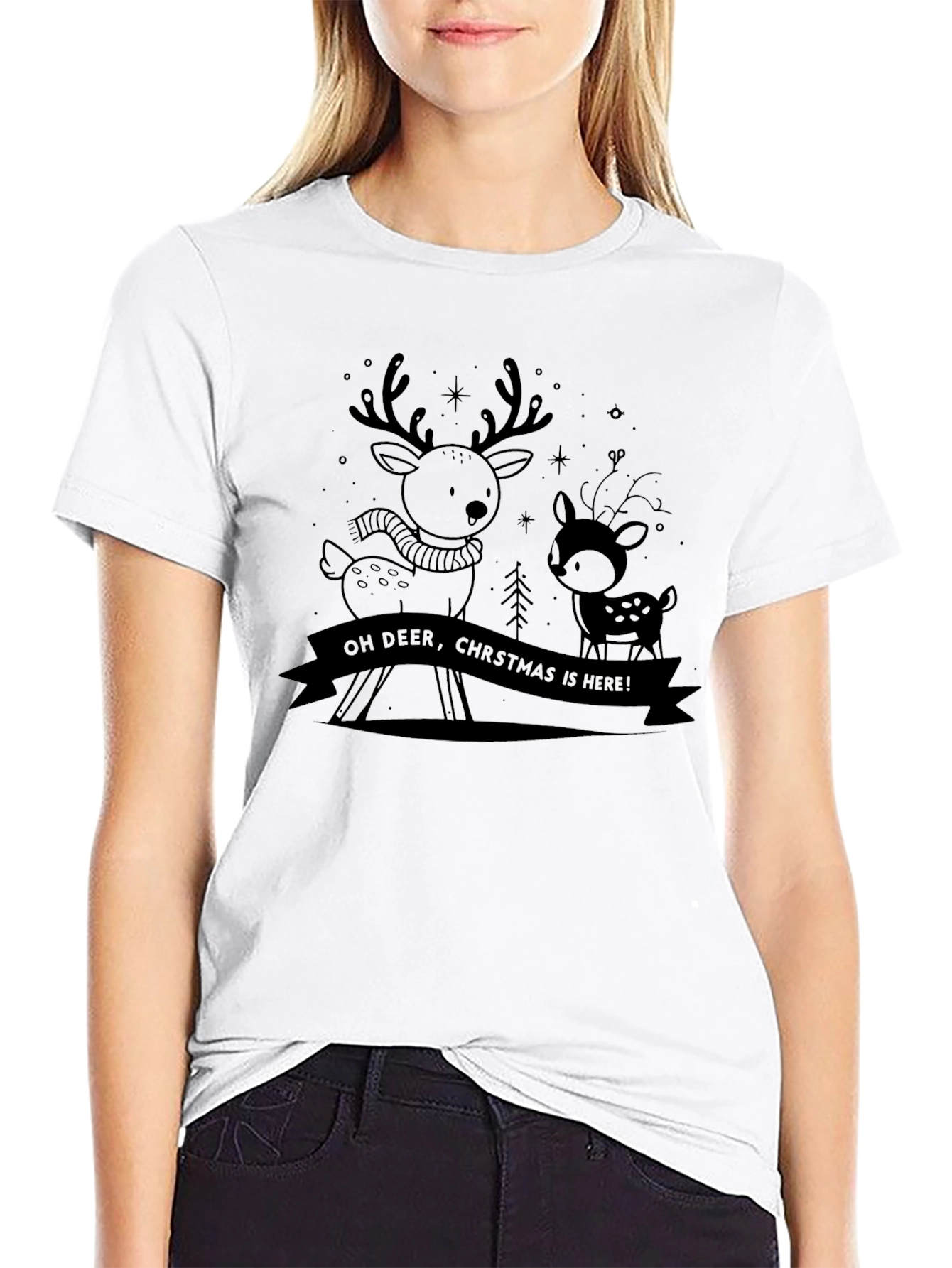 Christmas Reindeer Graphic Tee - Holiday Shirt